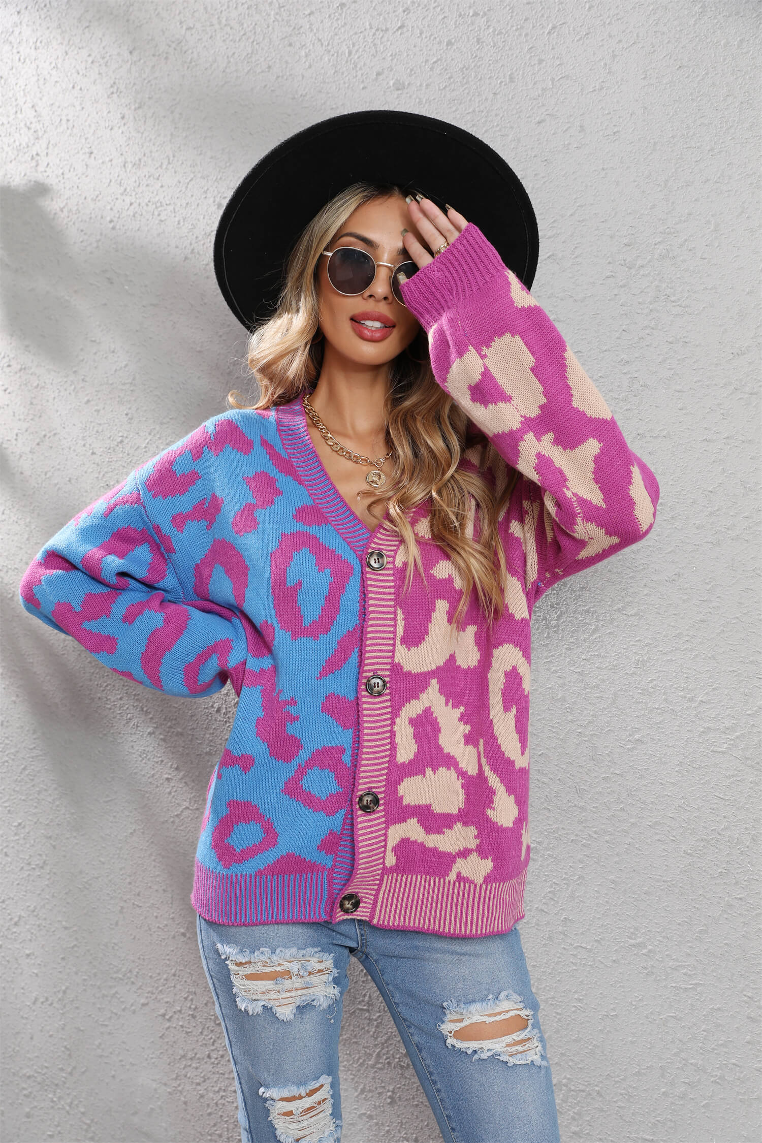 Janelle Leopard Button Up Knit Cardigan - Purple - Image 4