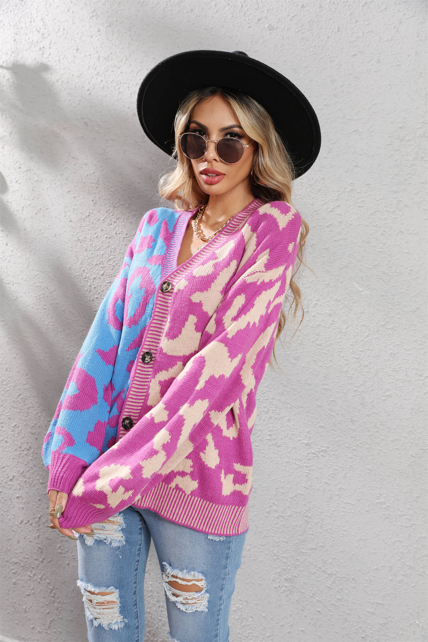 Janelle Leopard Button Up Knit Cardigan - Purple - Image 5