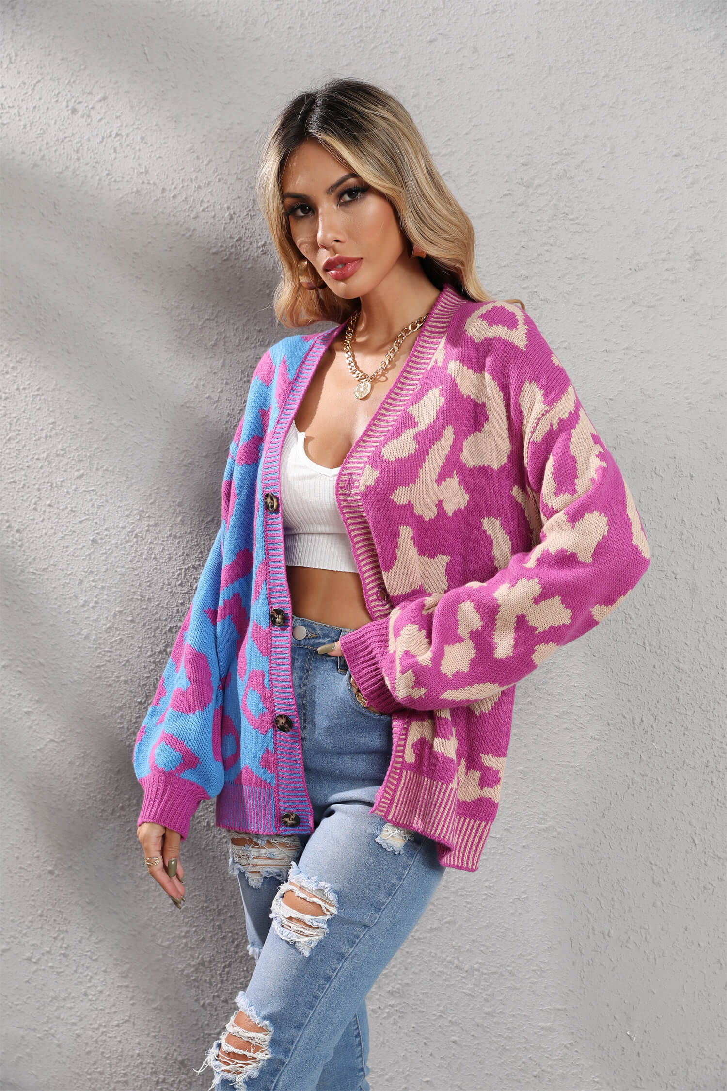 Janelle Leopard Button Up Knit Cardigan - Purple - Image 9