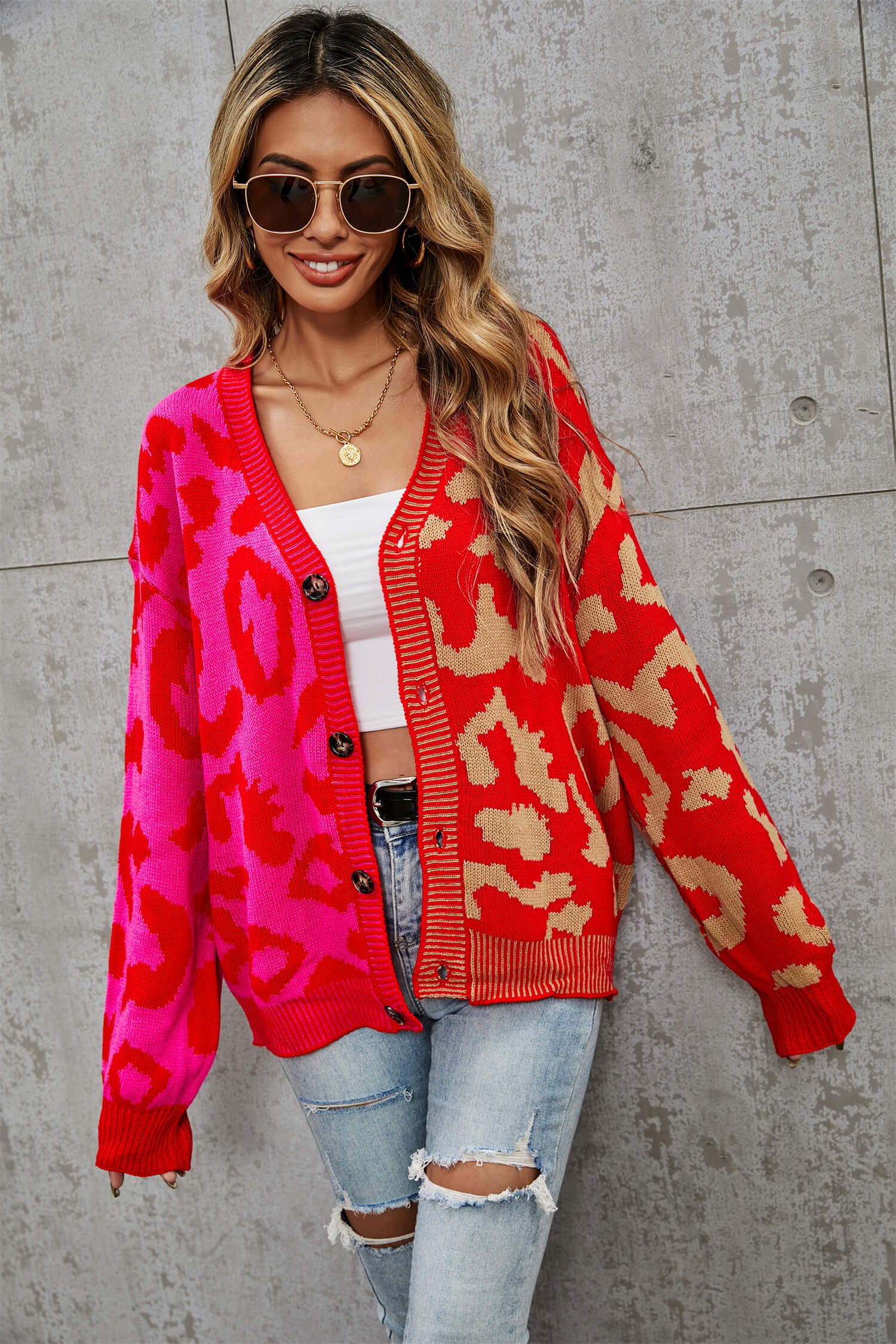 Janelle Leopard Button Up Knit Cardigan - Red - Image 2