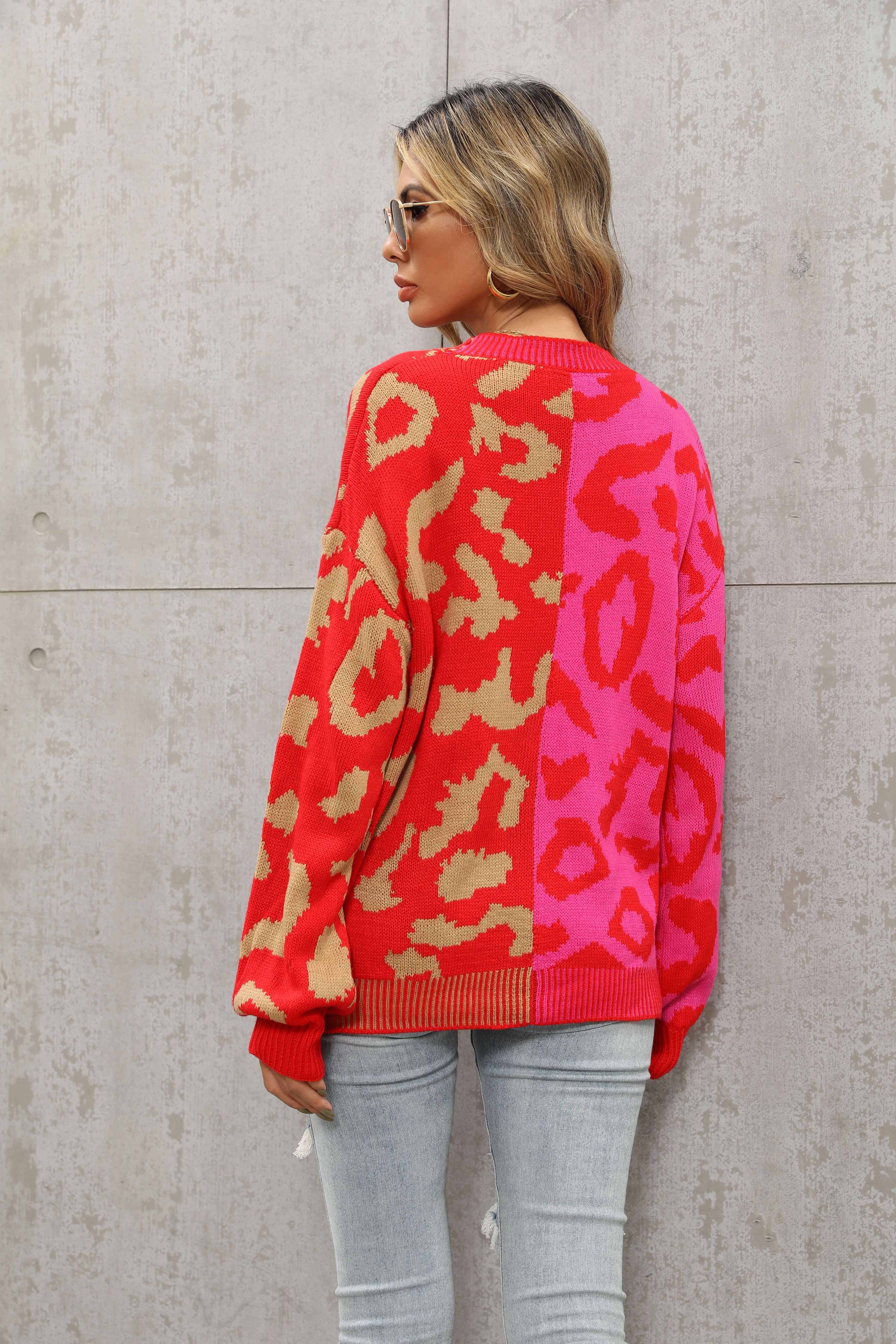 Janelle Leopard Button Up Knit Cardigan - Red - Image 3
