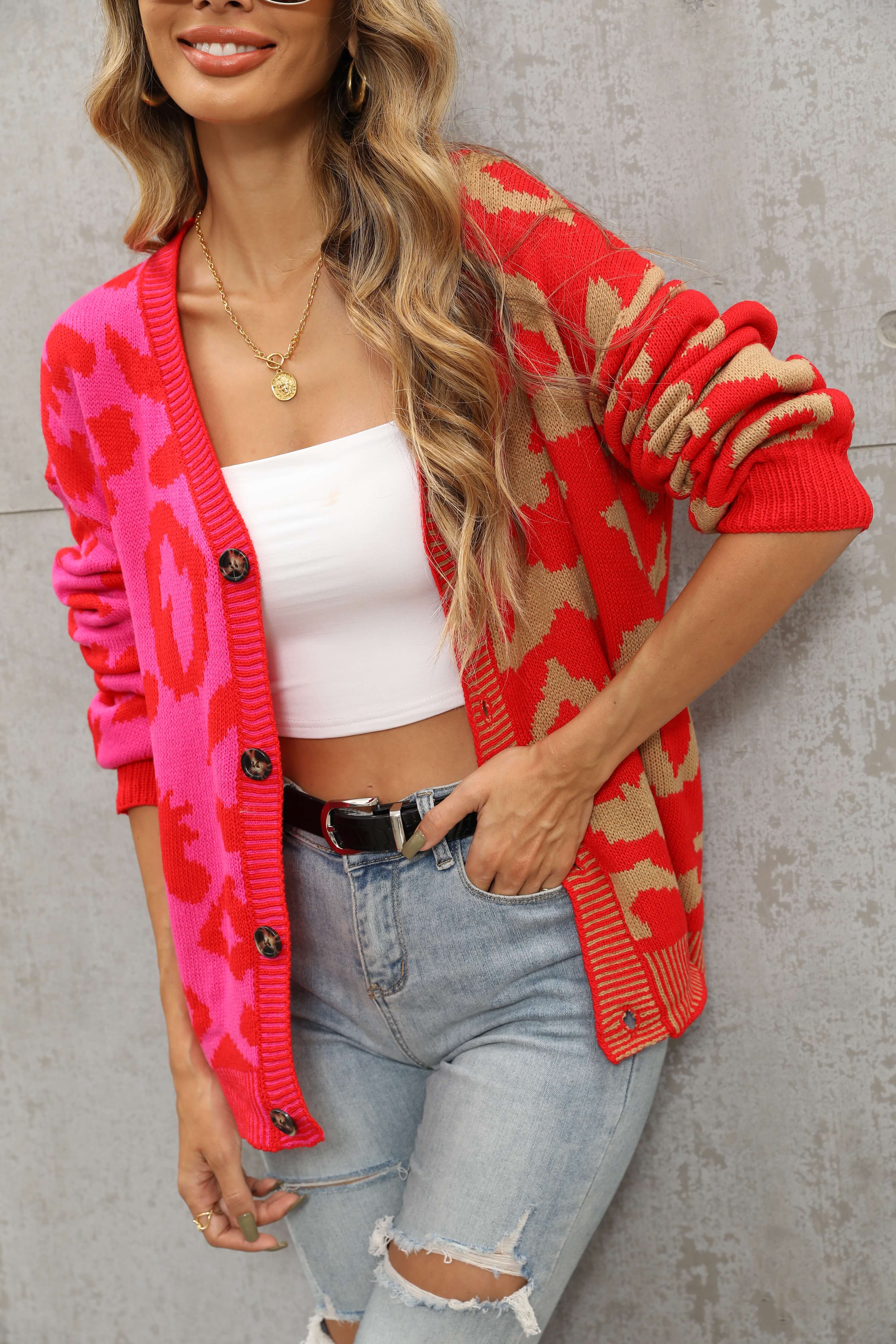 Janelle Leopard Button Up Knit Cardigan - Red - Image 7