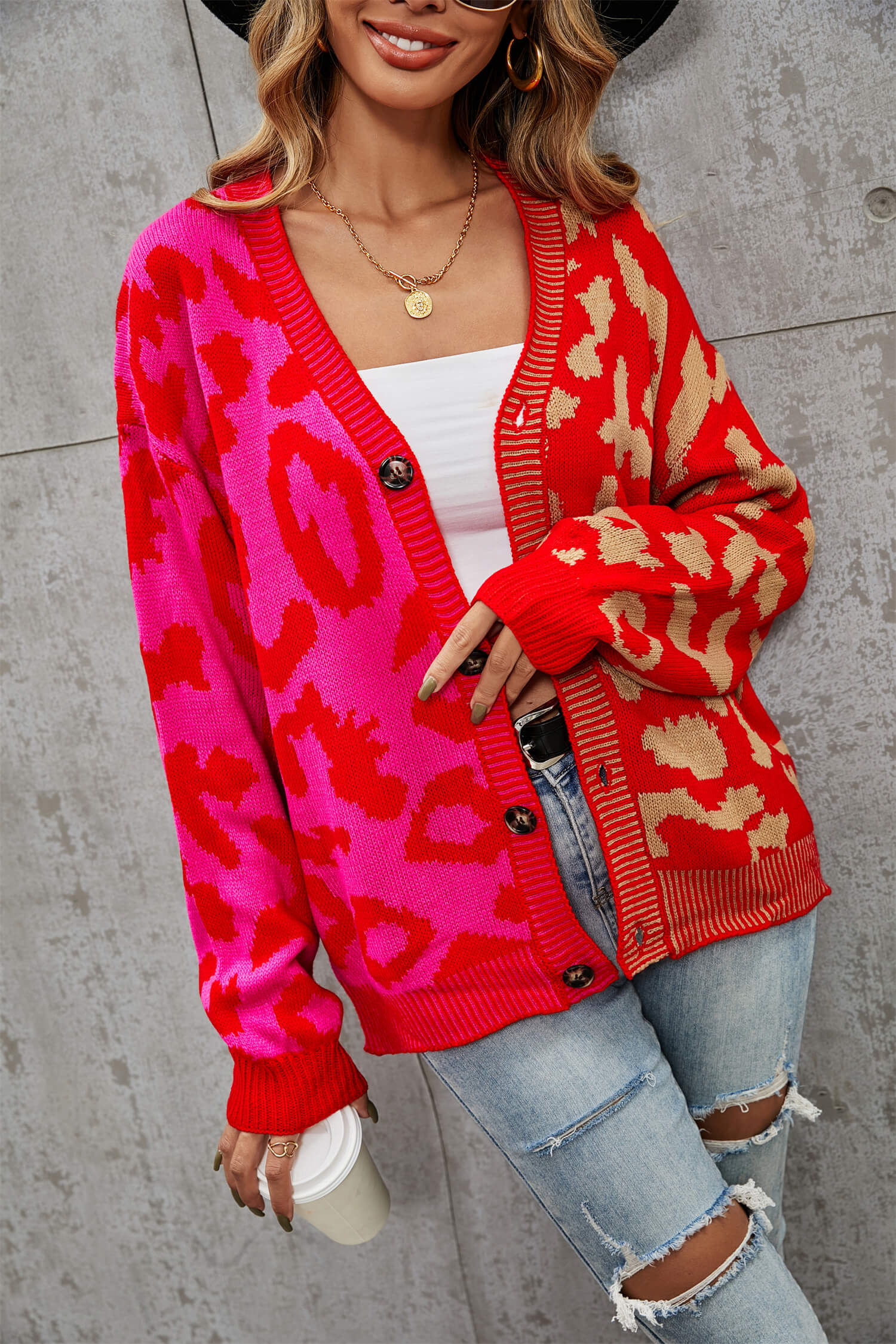Janelle Leopard Button Up Knit Cardigan - Red - Image 8