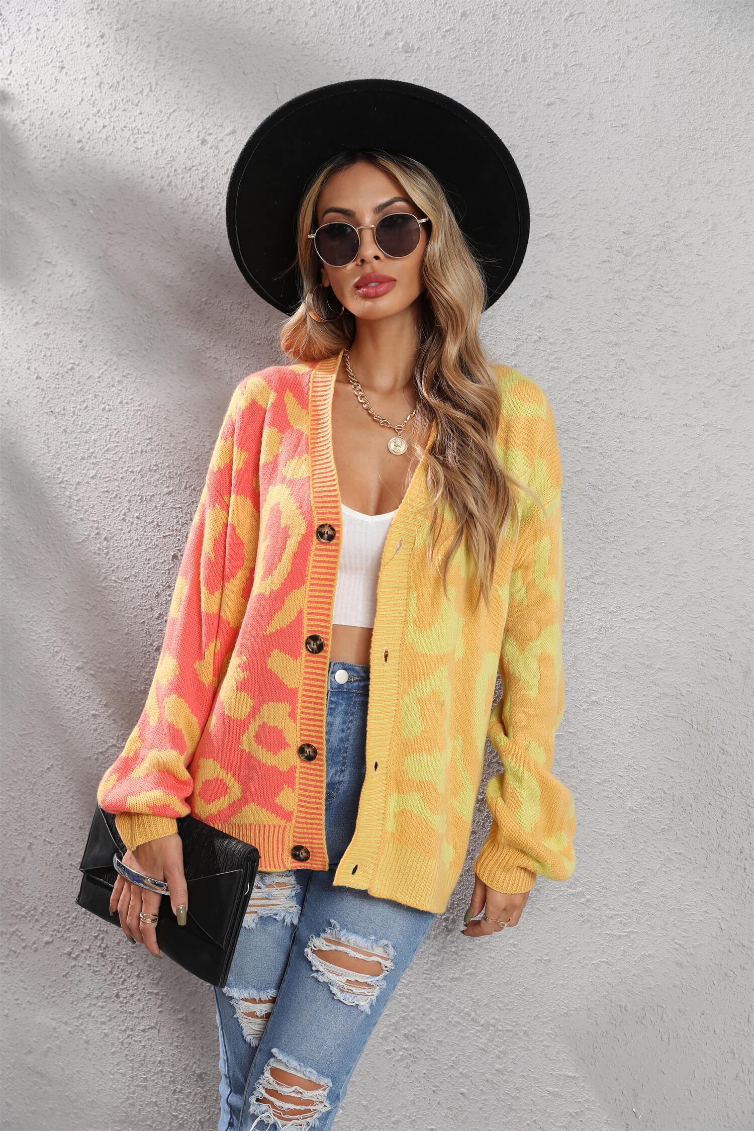 Janelle Leopard Button Up Knit Cardigan - Yellow - Image 4
