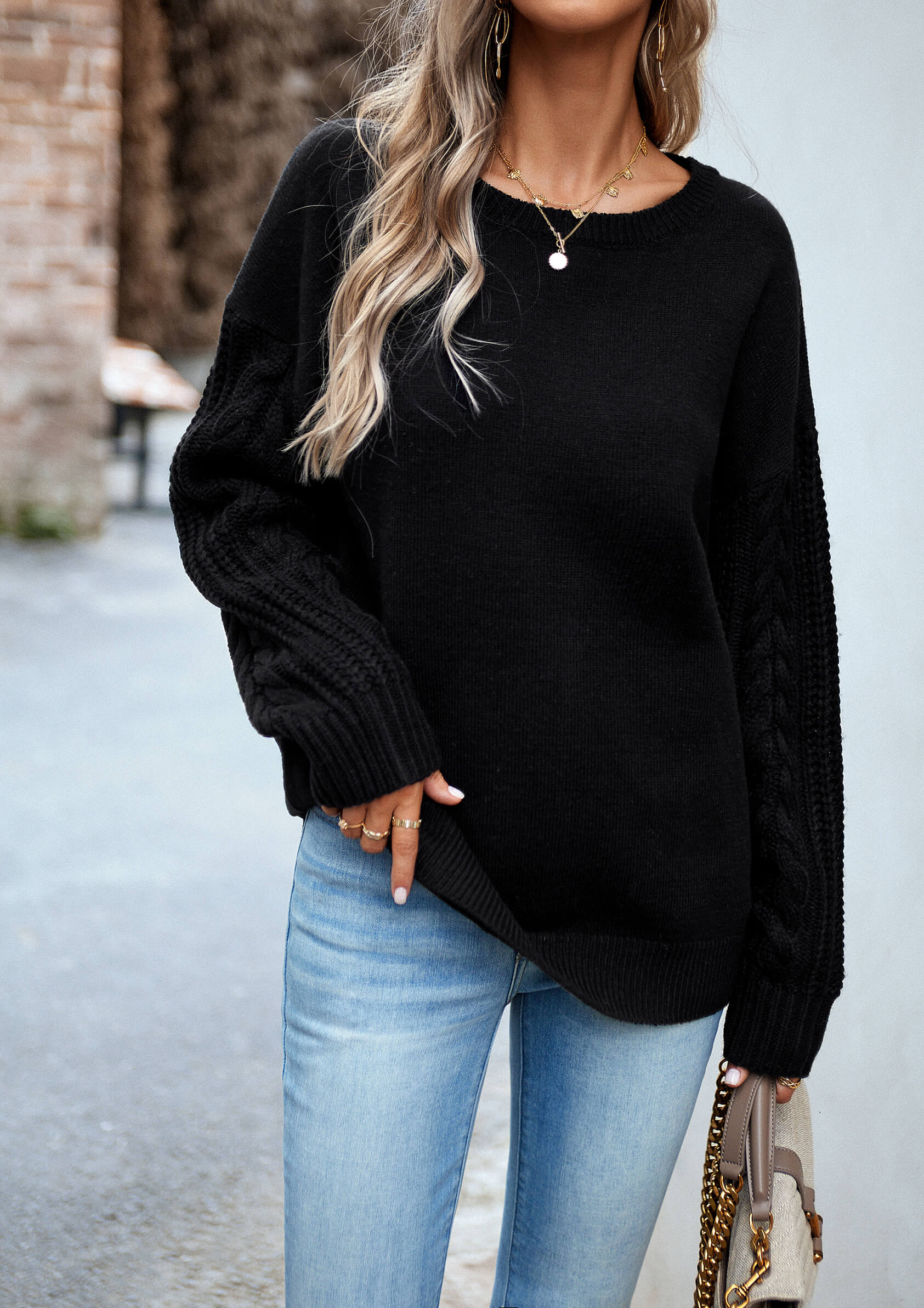 Joan Cable Sleeves Knit Pullover Sweater - Black - Image 5