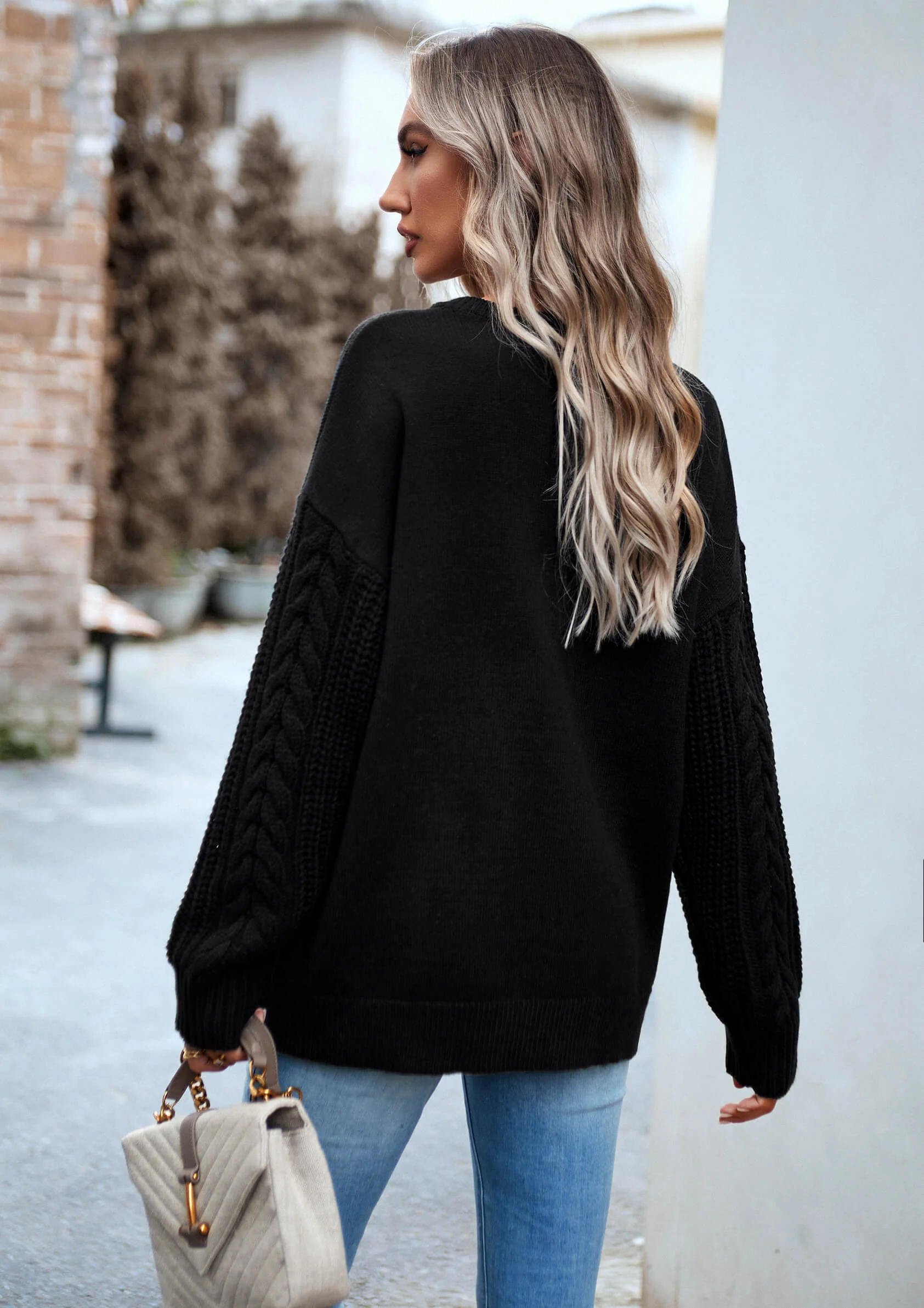 Joan Cable Sleeves Knit Pullover Sweater - Black - Image 6