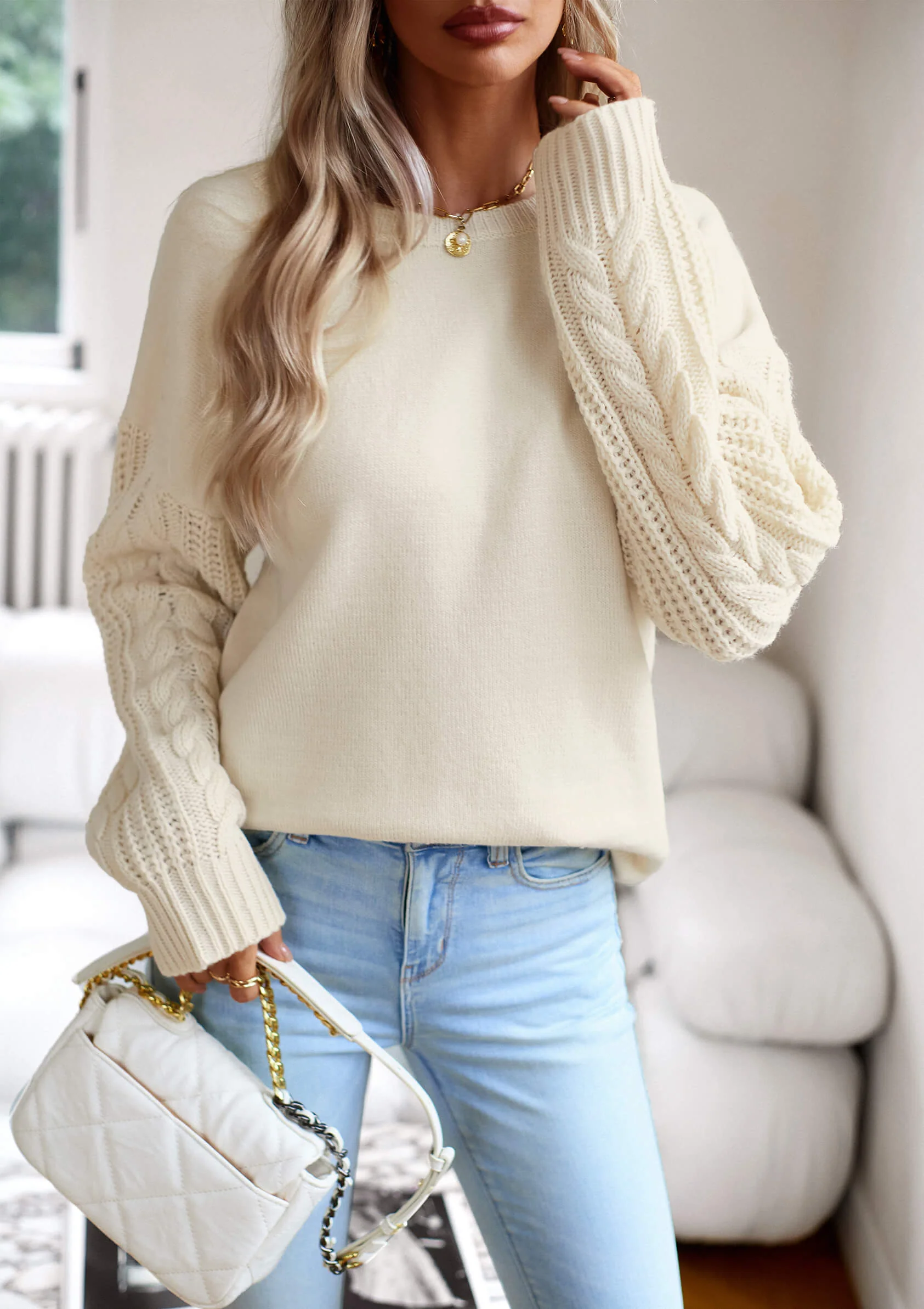 Joan Cable Sleeves Knit Pullover Sweater - Cream - Image 2