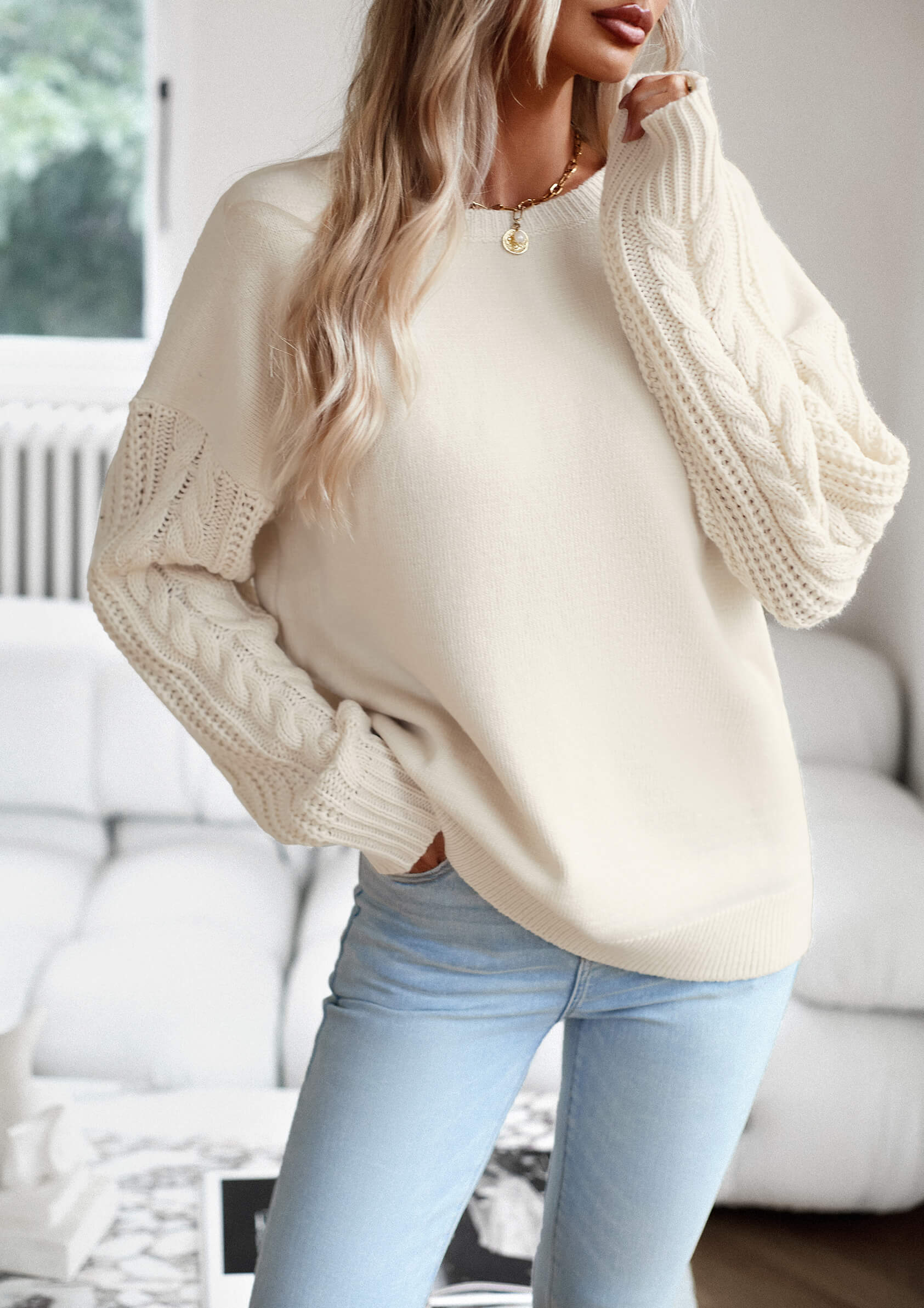 Joan Cable Sleeves Knit Pullover Sweater - Cream - Image 4