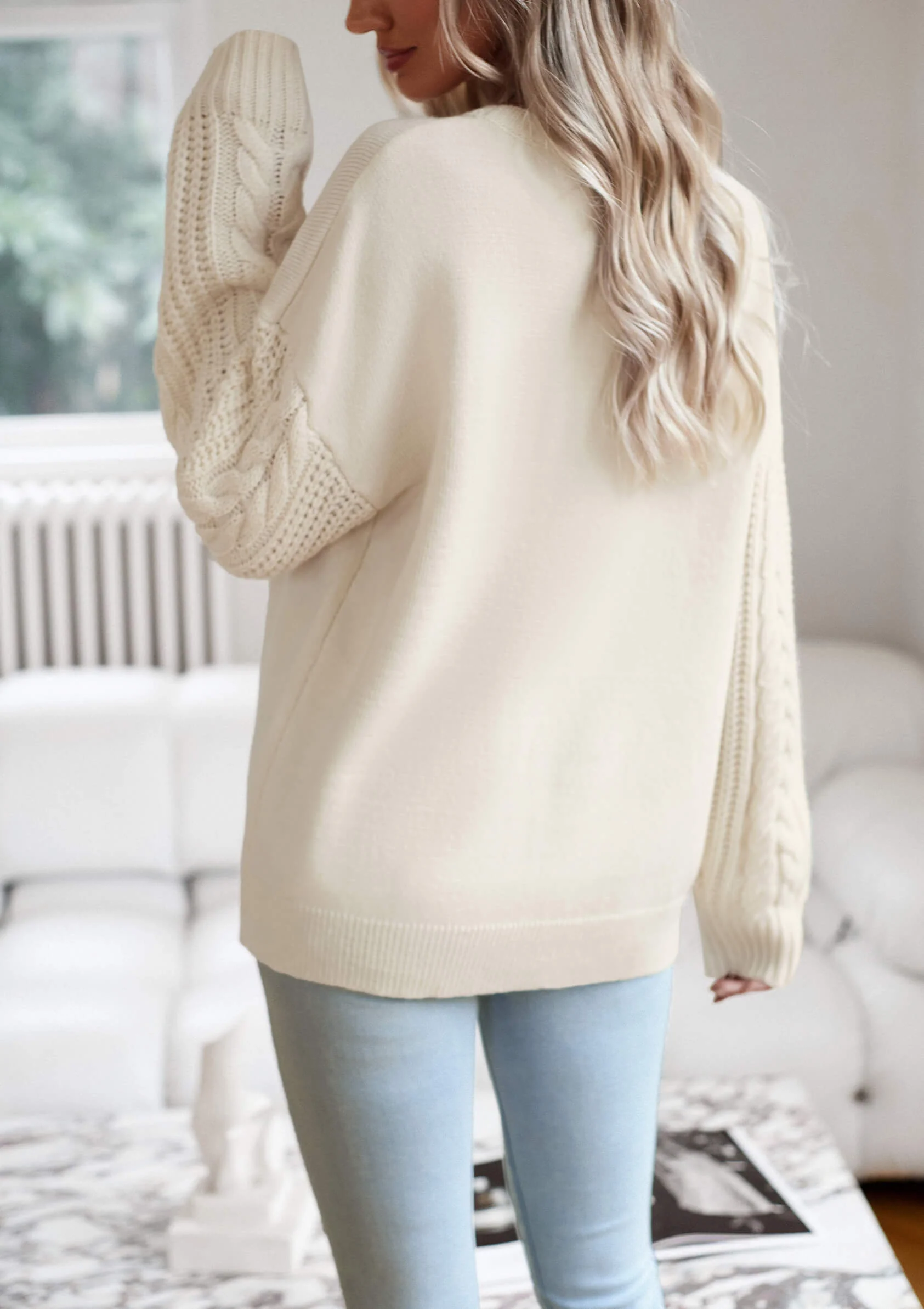 Joan Cable Sleeves Knit Pullover Sweater - Cream - Image 6