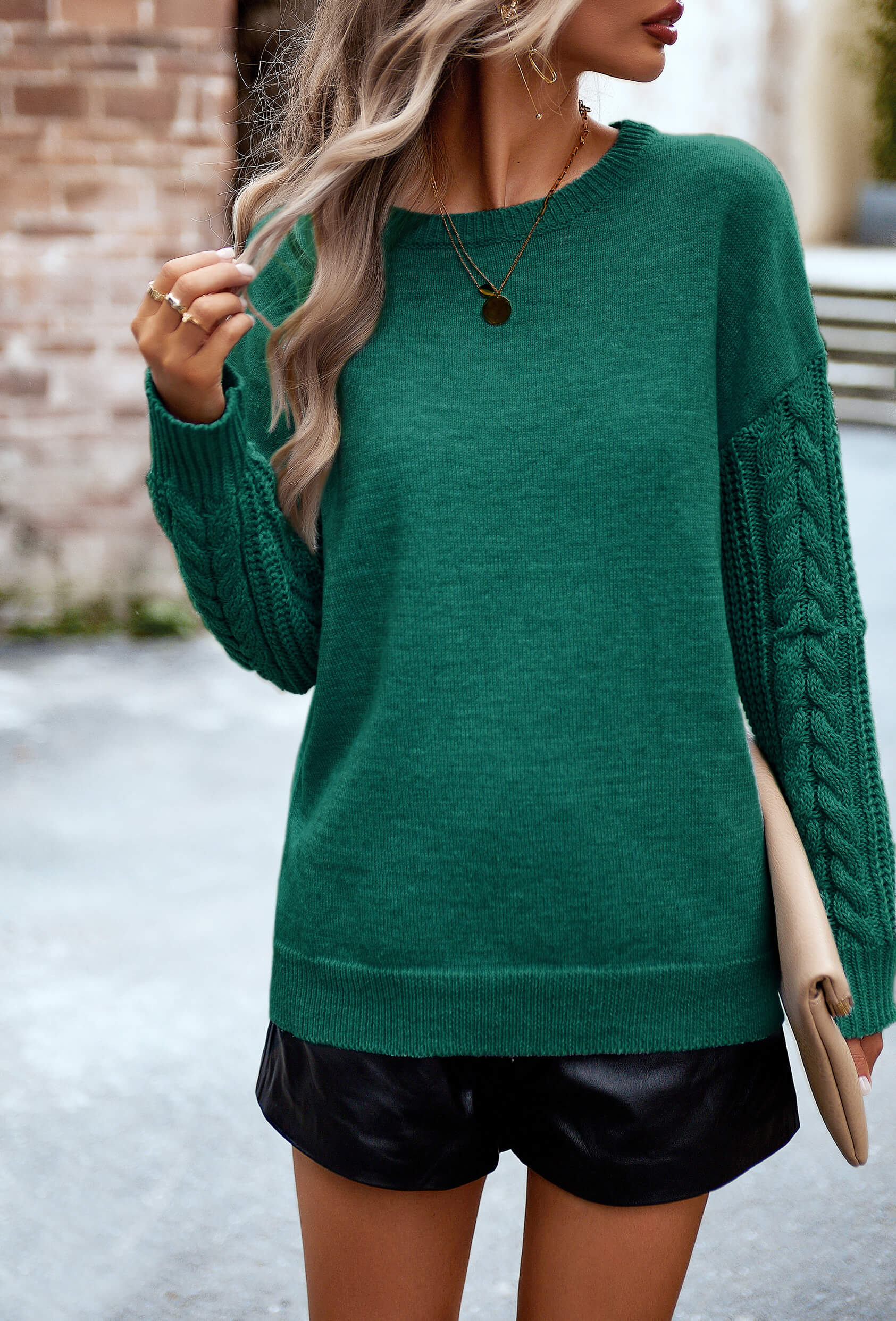 Joan Cable Sleeves Knit Pullover Sweater - Green - Image 4