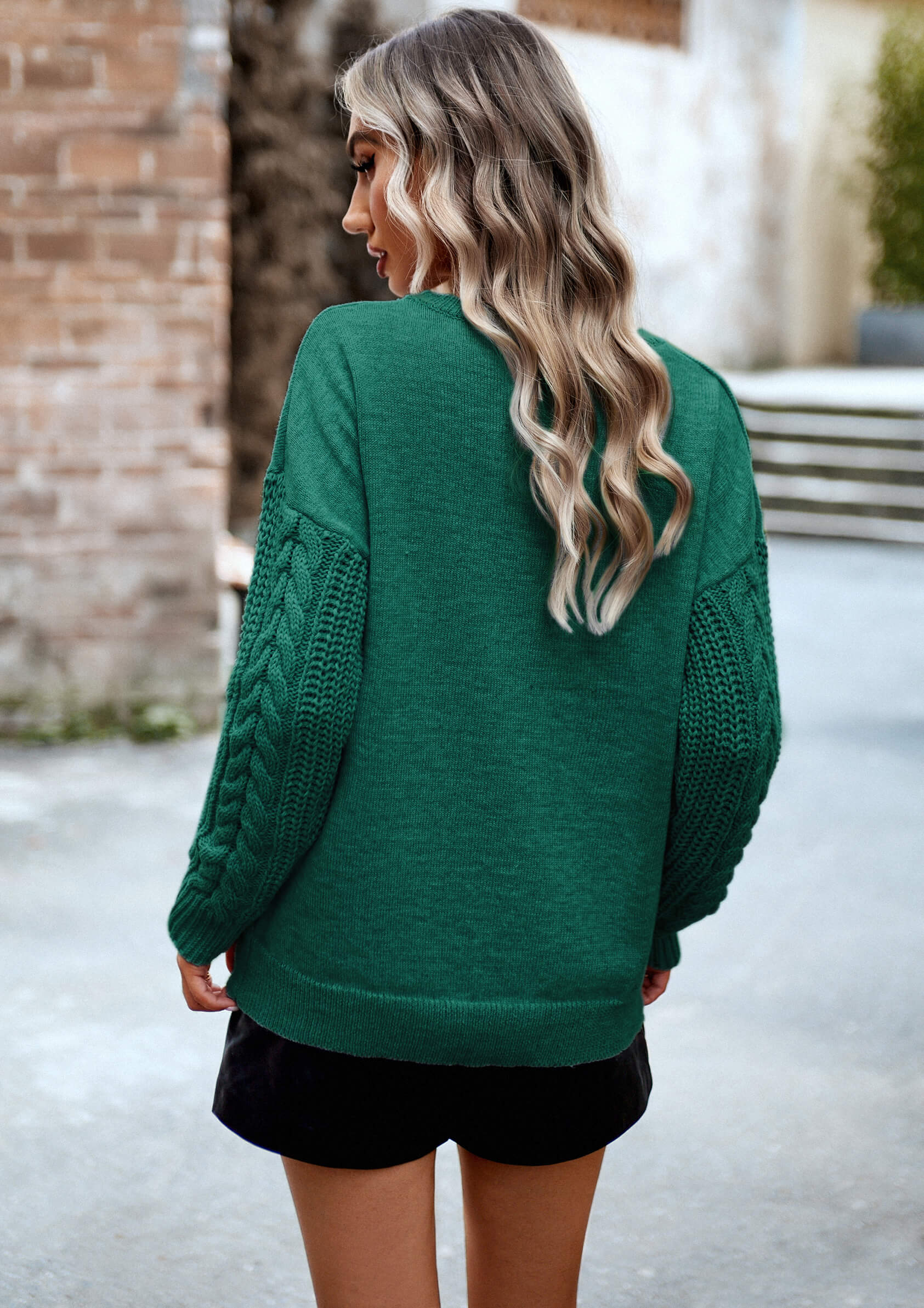Joan Cable Sleeves Knit Pullover Sweater - Green - Image 6