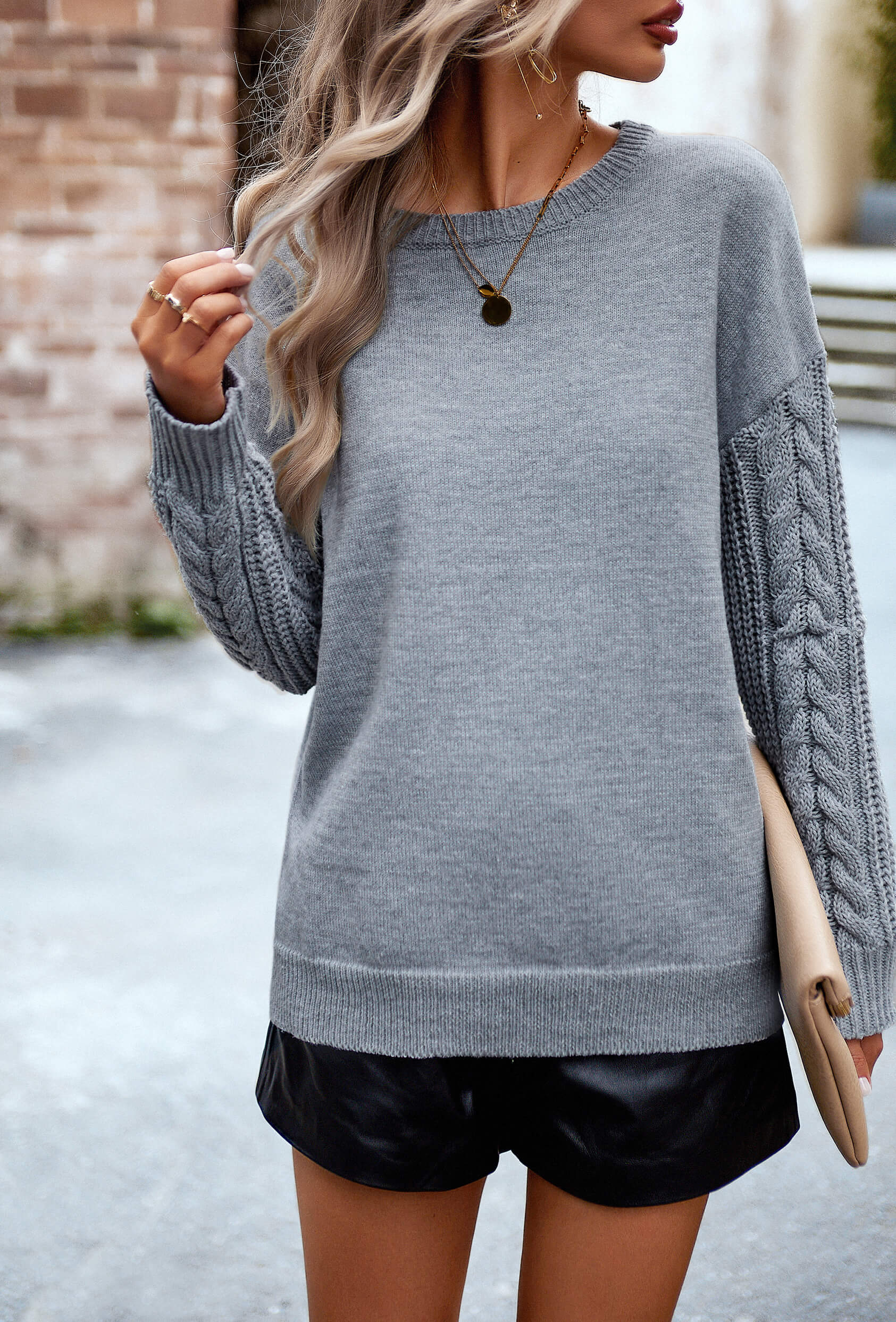 Joan Cable Sleeves Knit Pullover Sweater - Grey - Image 4