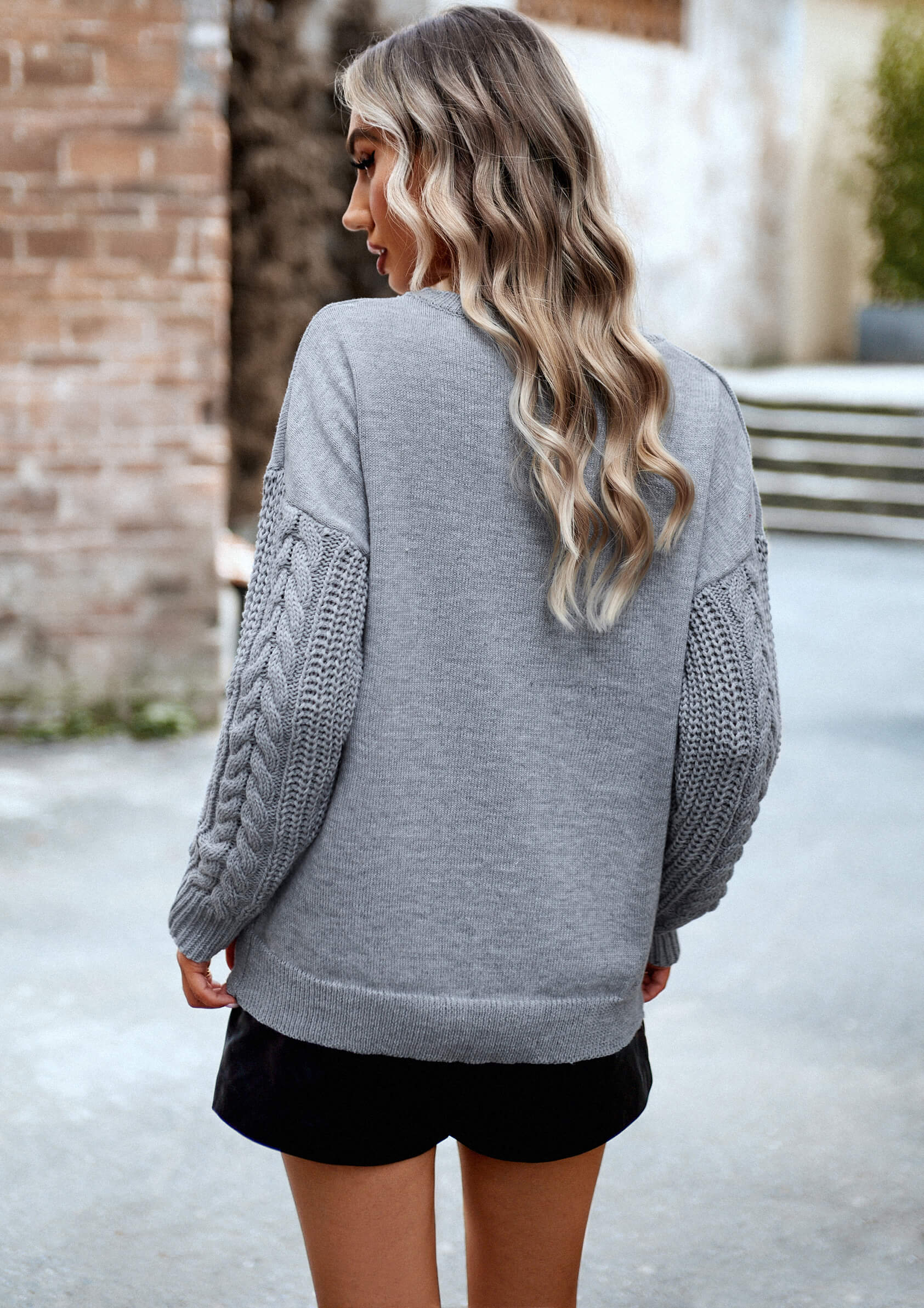 Joan Cable Sleeves Knit Pullover Sweater - Grey - Image 6