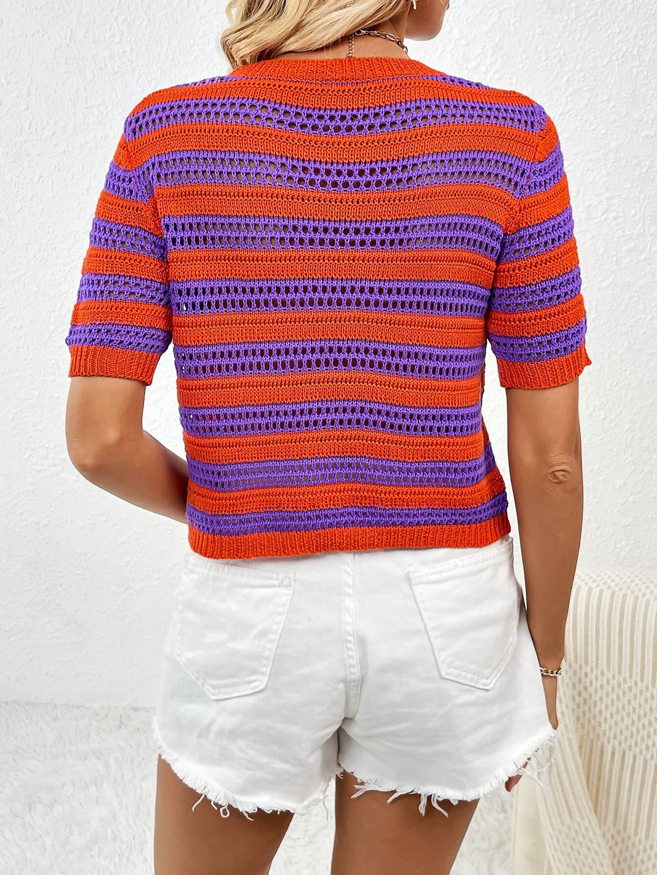 Joanna Striped Short Sleeve Top - Purple - Image 3