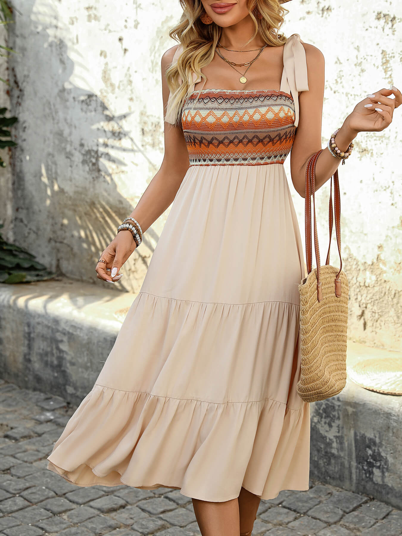 Joyful Retro Embroidered Midi Dress - apricot - Image 2