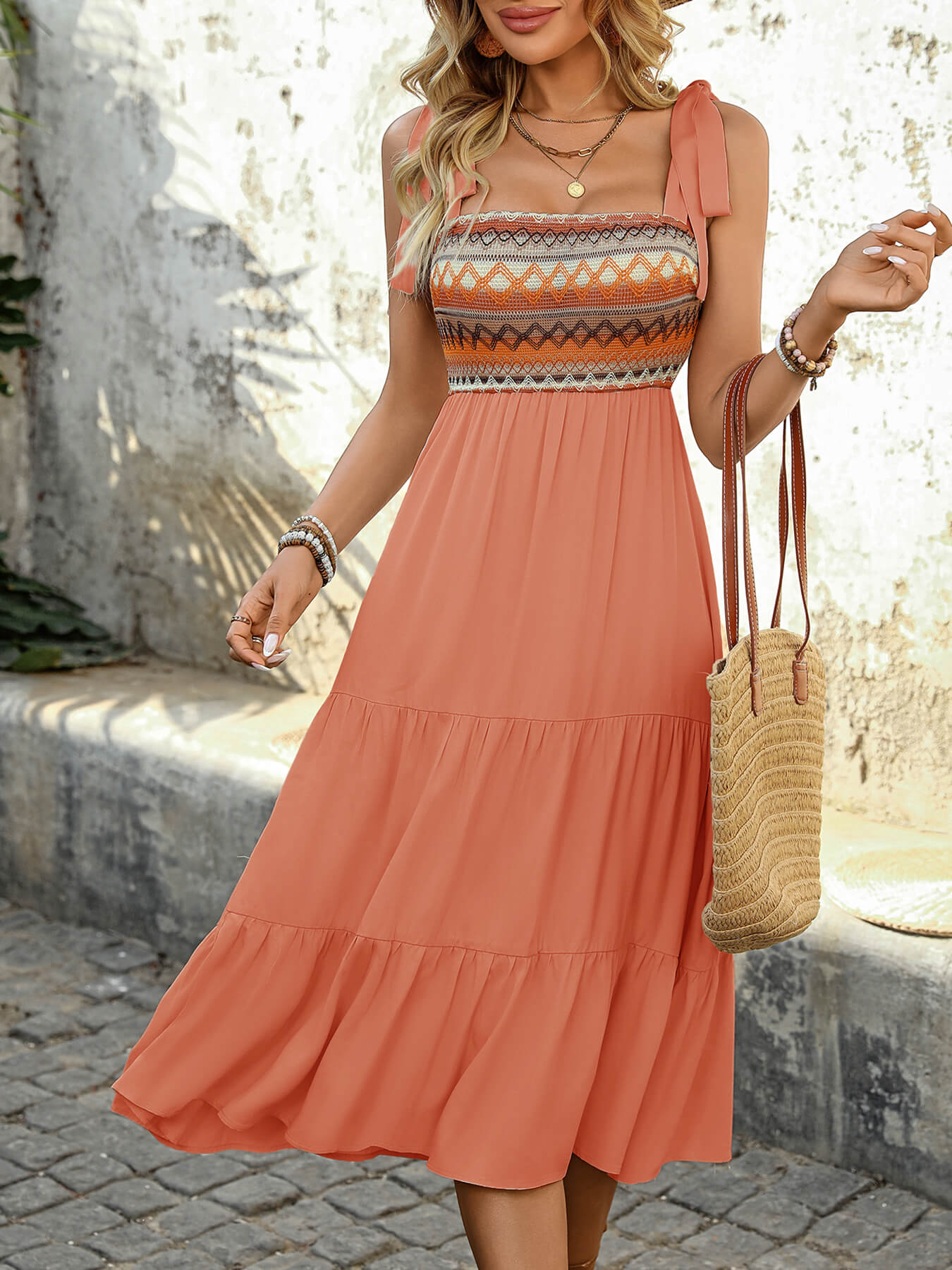 Joyful Retro Embroidered Midi Dress - orange - Image 4