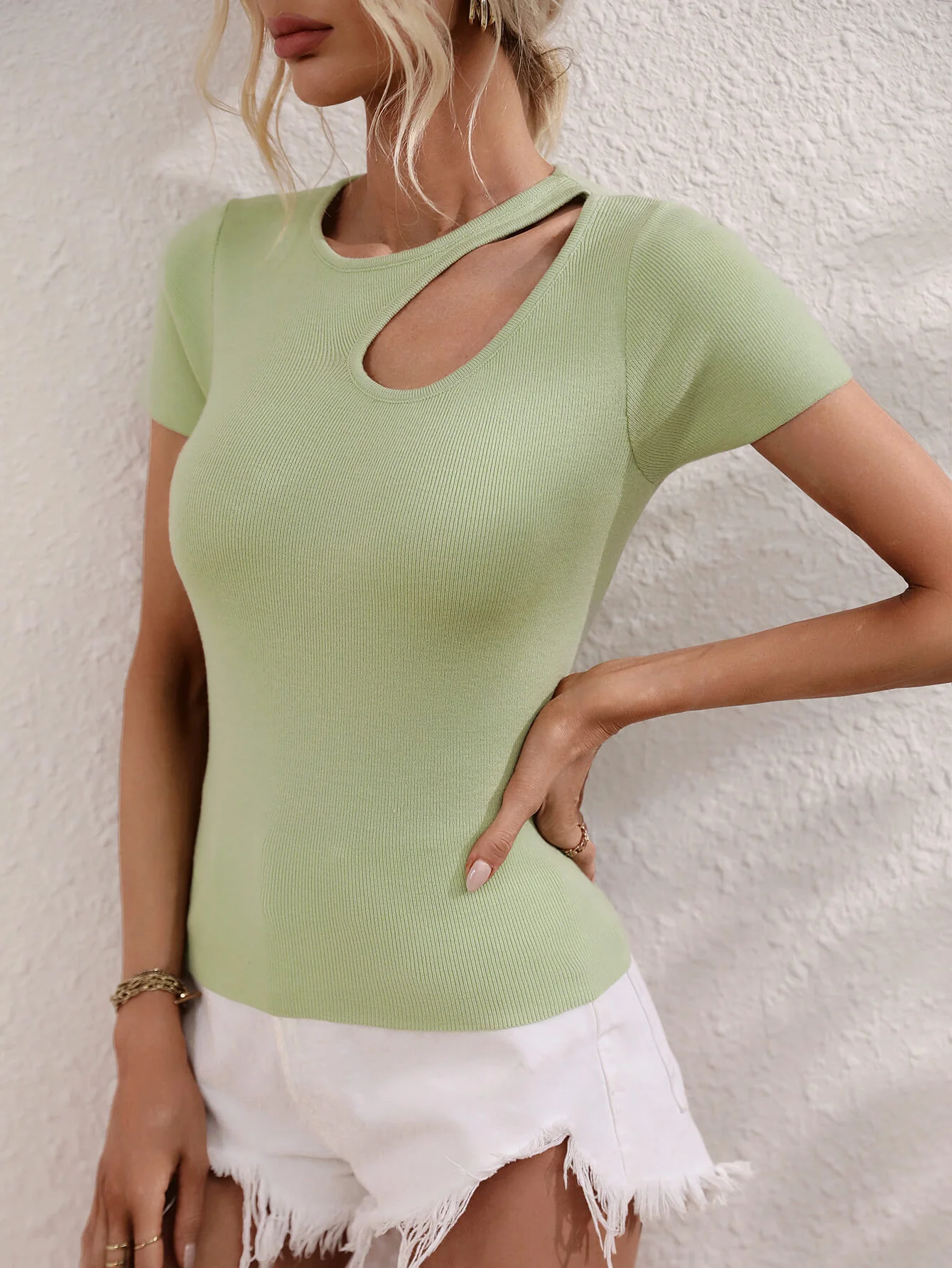 JULISSA RIBBED CUT-OUT KNIT TOP - SAGE - Image 4