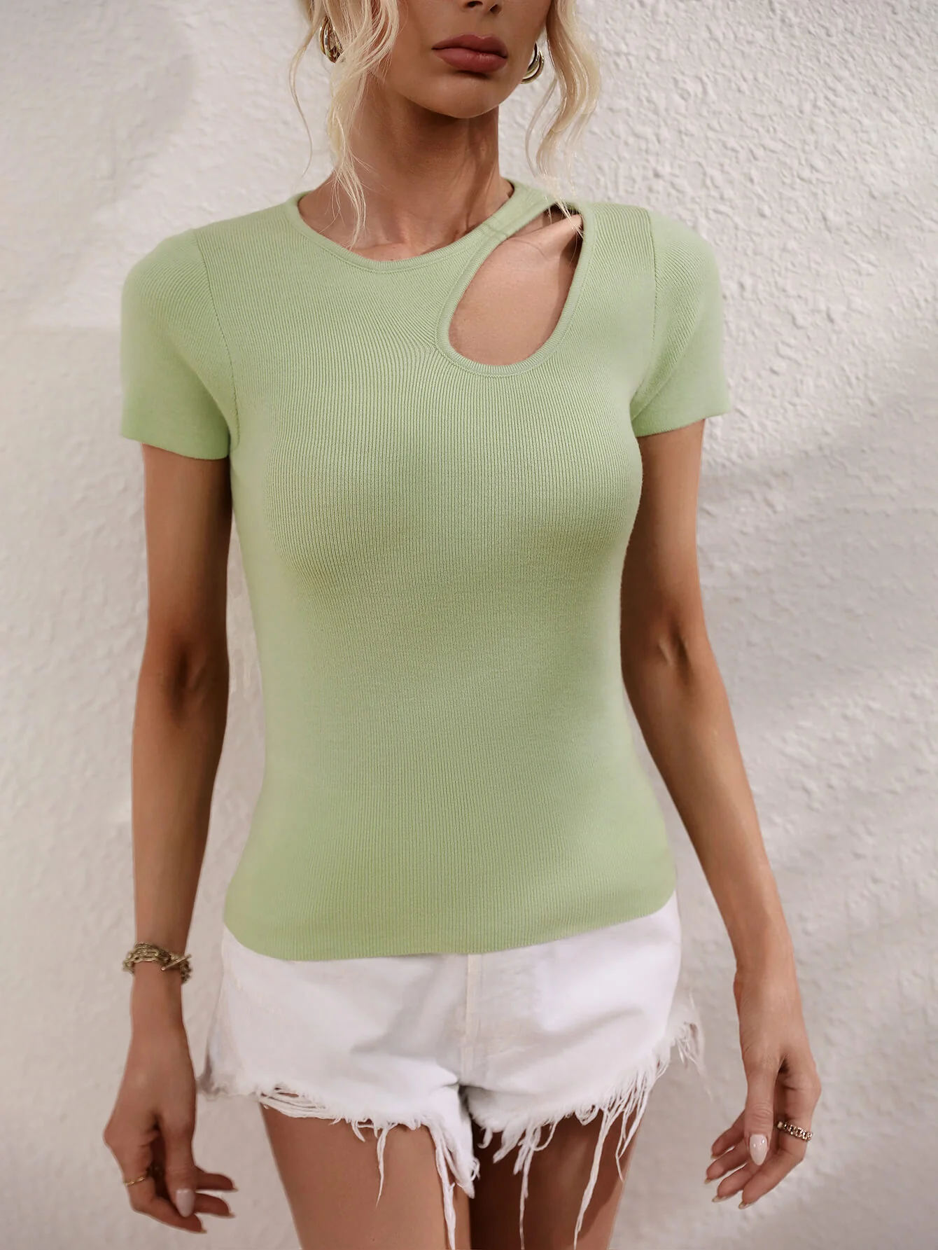 JULISSA RIBBED CUT-OUT KNIT TOP - SAGE - Image 5