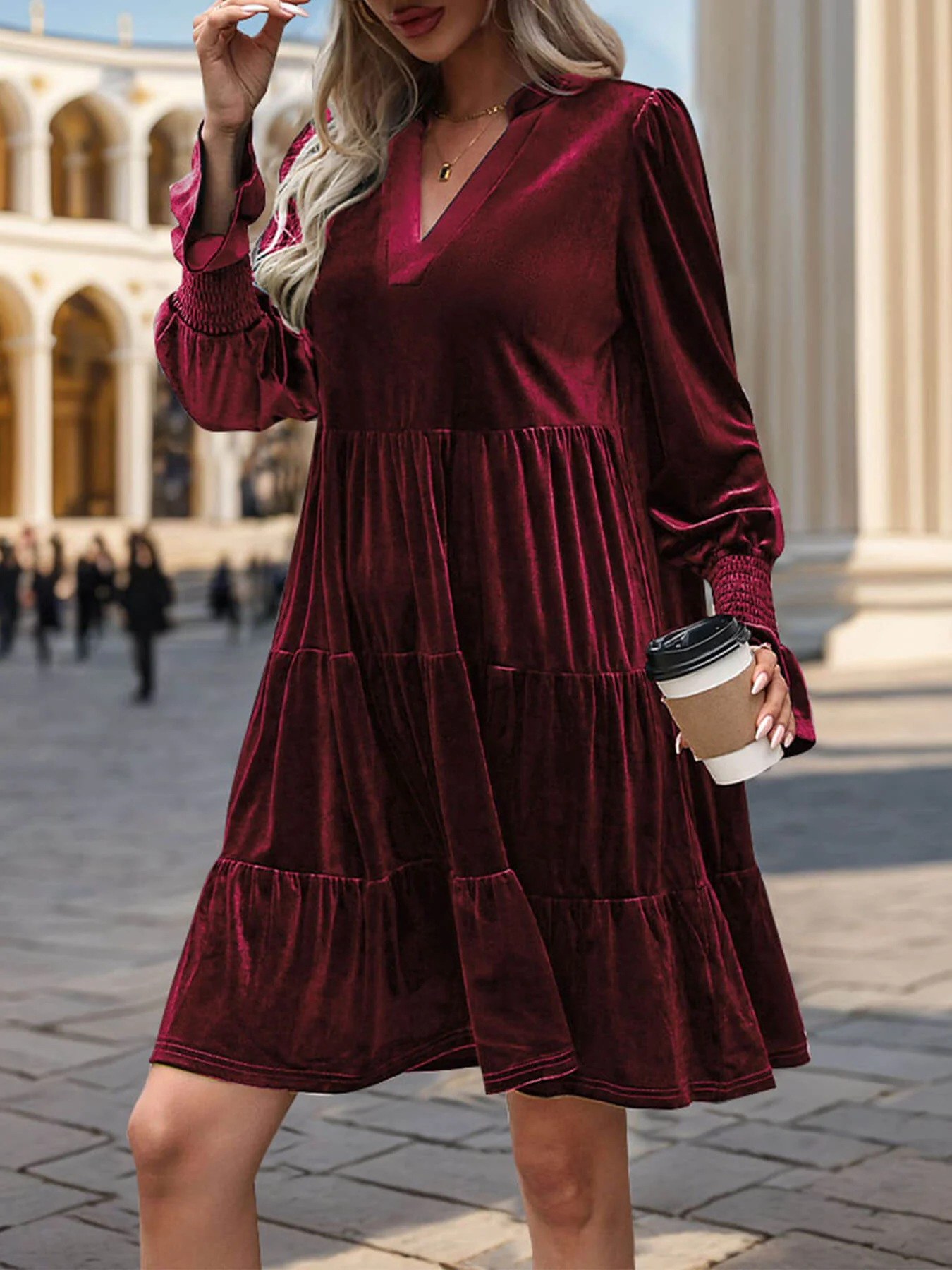 Kandi Velvet Tiered Mini Dress - Burgundy - Image 3