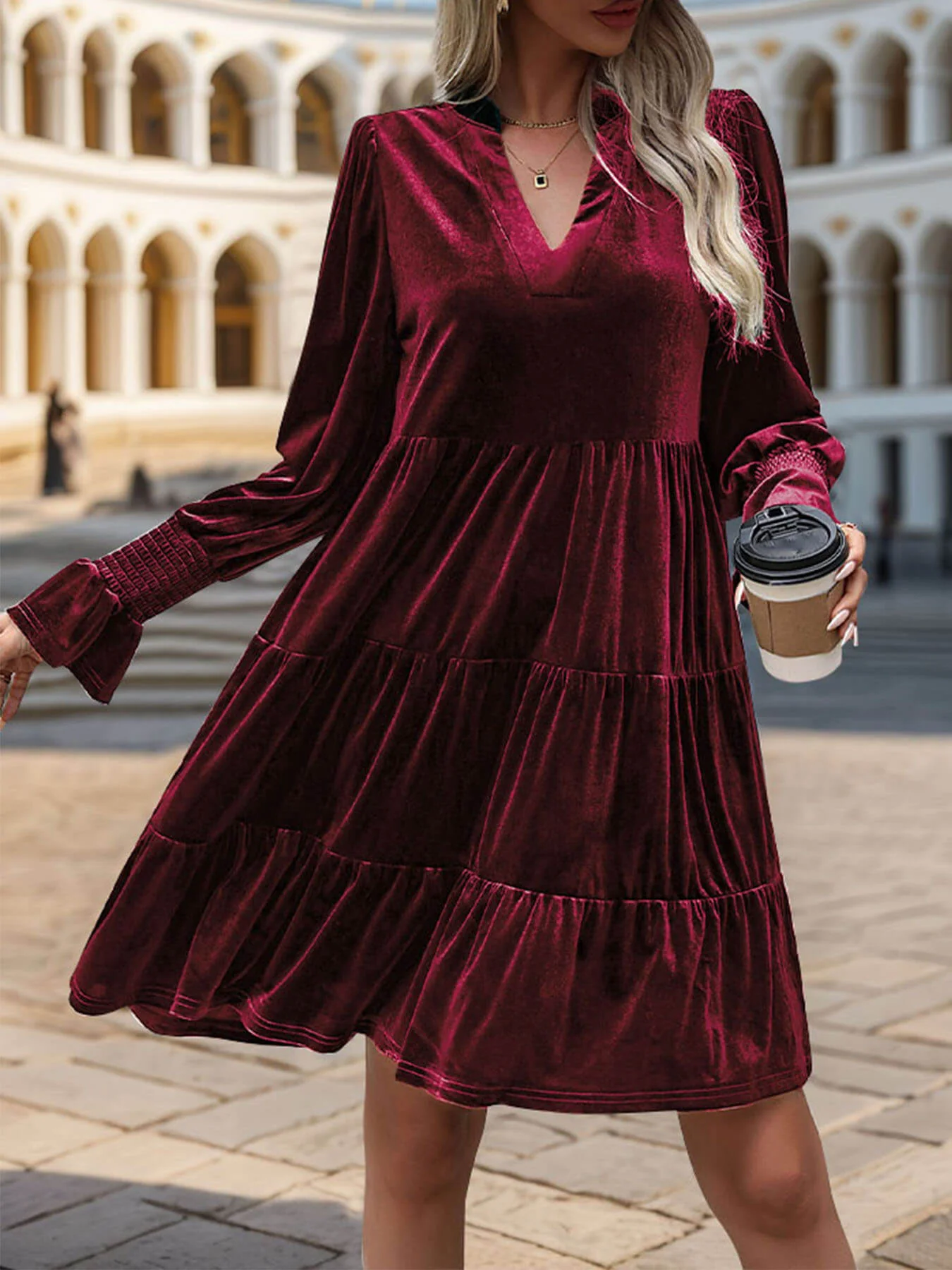 Kandi Velvet Tiered Mini Dress - Burgundy - Image 4