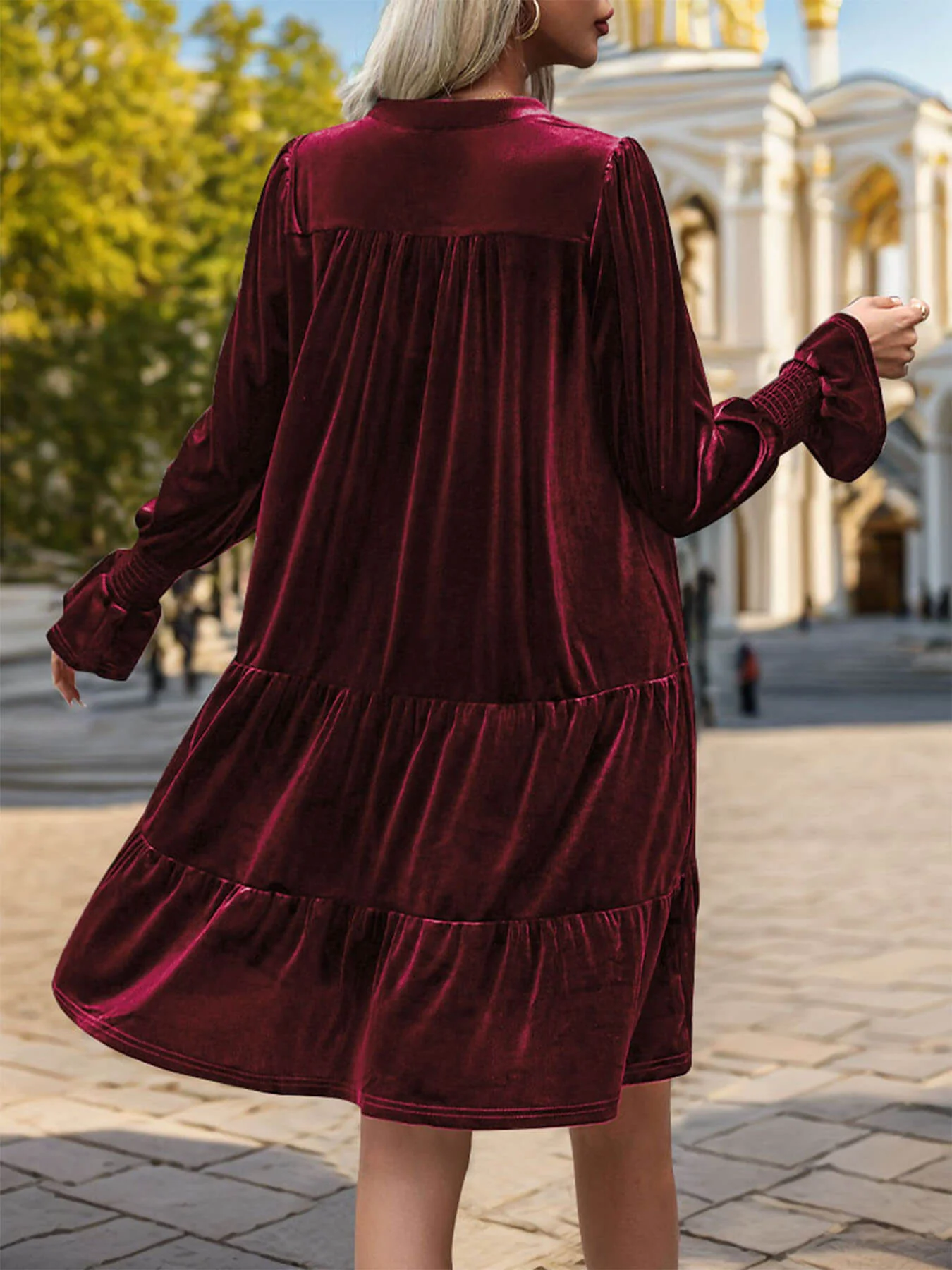 Kandi Velvet Tiered Mini Dress - Burgundy - Image 5