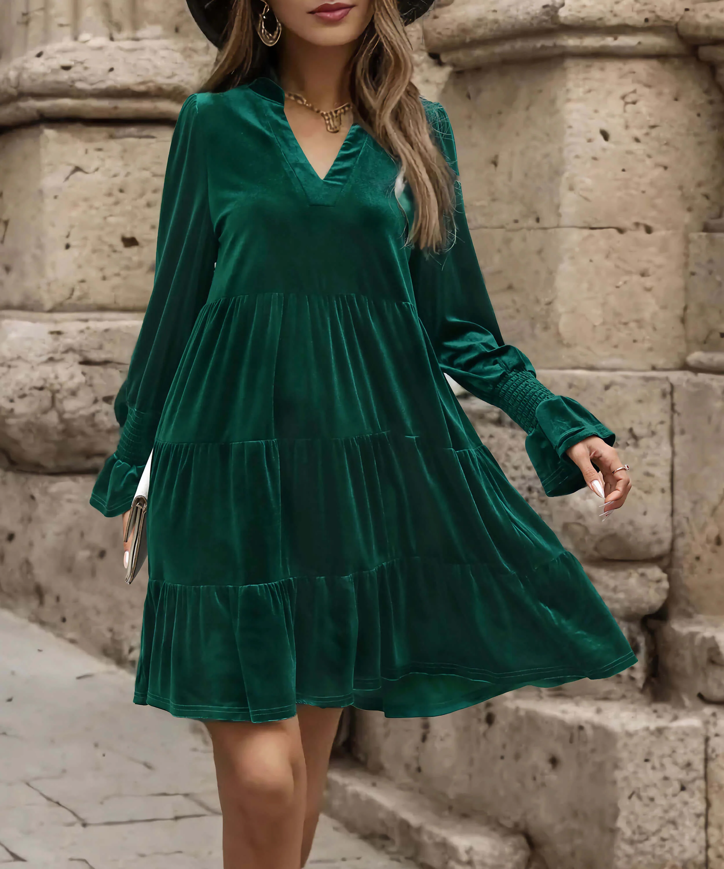 Kandi Velvet Tiered Mini Dress - Green - Image 3