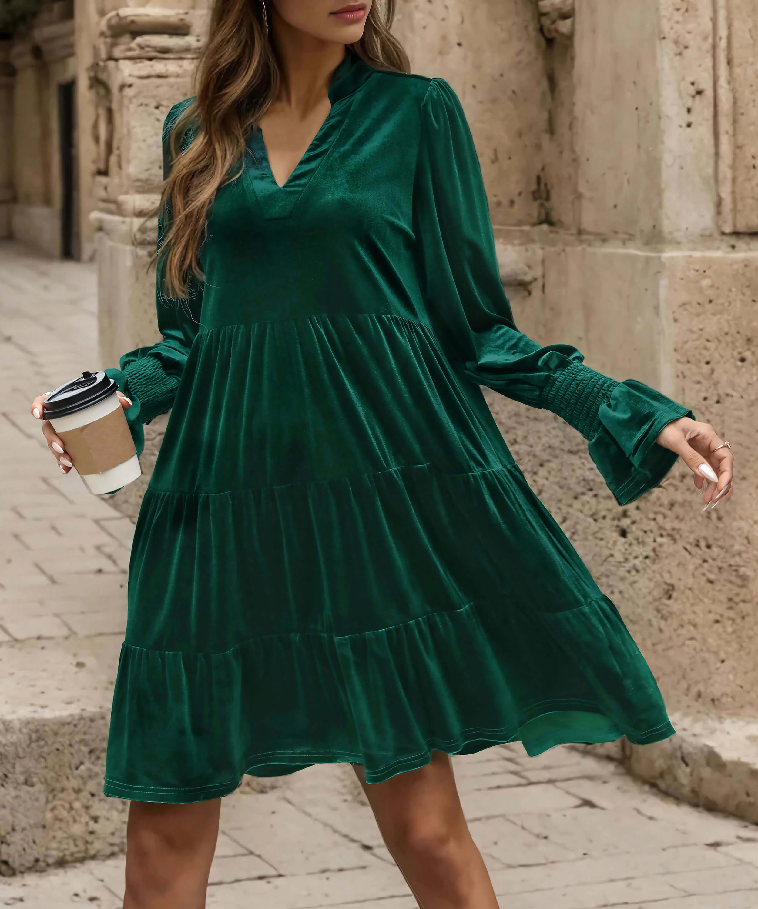 Kandi Velvet Tiered Mini Dress - Green - Image 5
