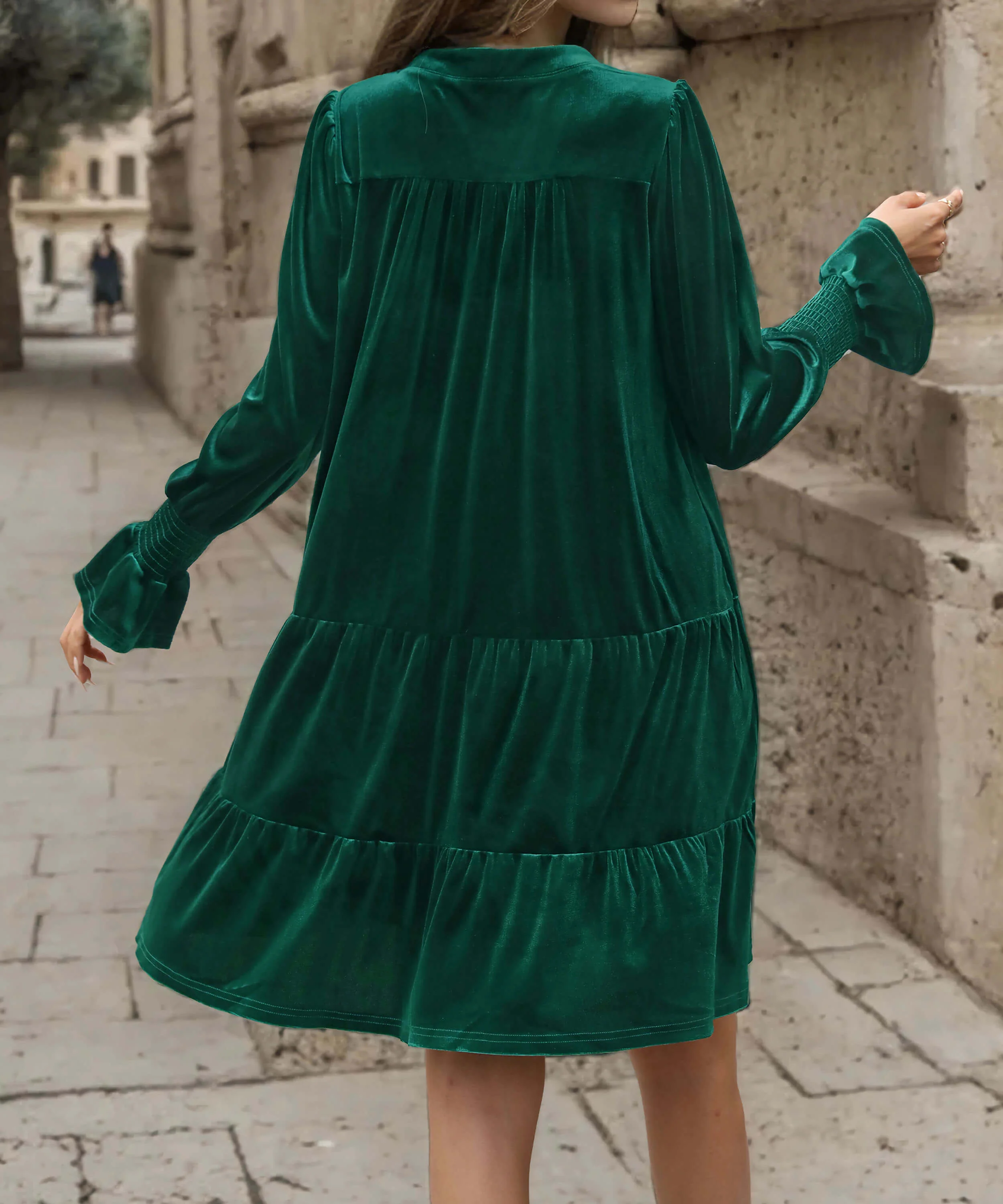 Kandi Velvet Tiered Mini Dress - Green - Image 6