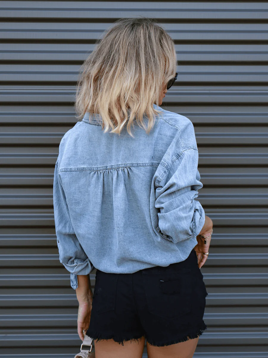 KATY BUTTON DOWN DENIM LONG SLEEVE TOP - Image 4