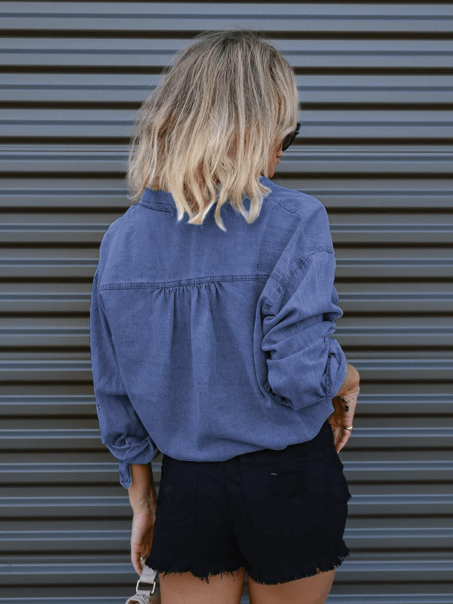 KATY BUTTON DOWN DENIM LONG SLEEVE TOP - Image 9