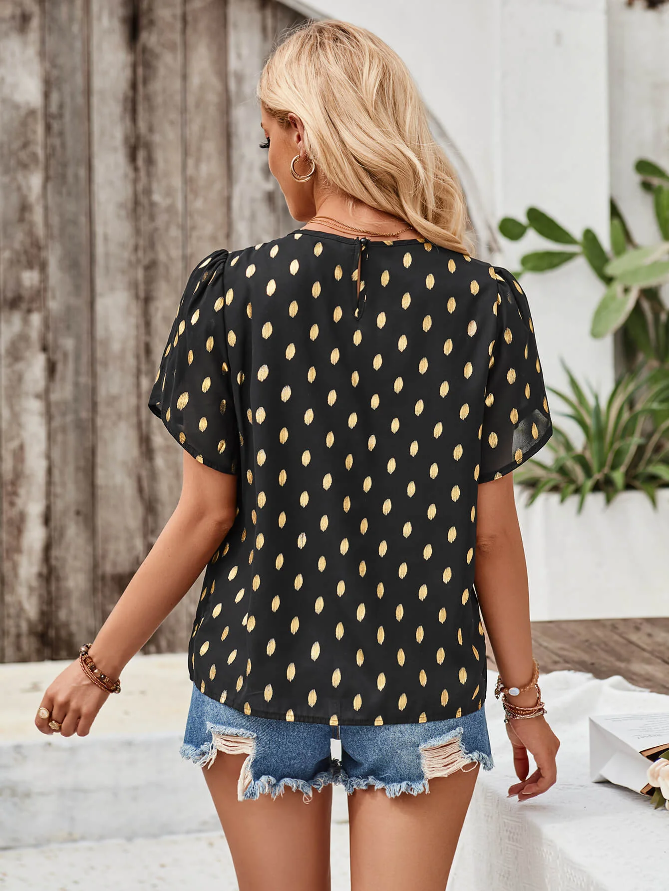 Kaylee Polka Dot Short Sleeve Top - Black - Image 4