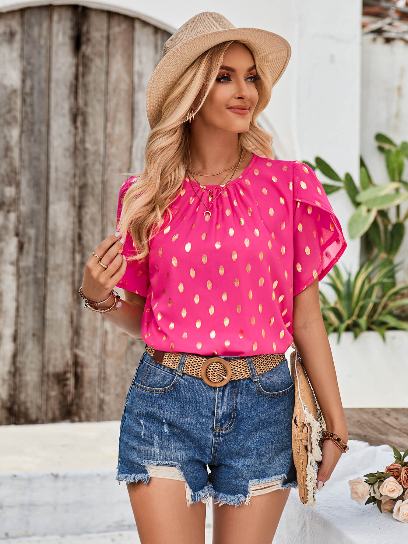 Kaylee Polka Dot Short Sleeve Top - Fuchsia - Image 2