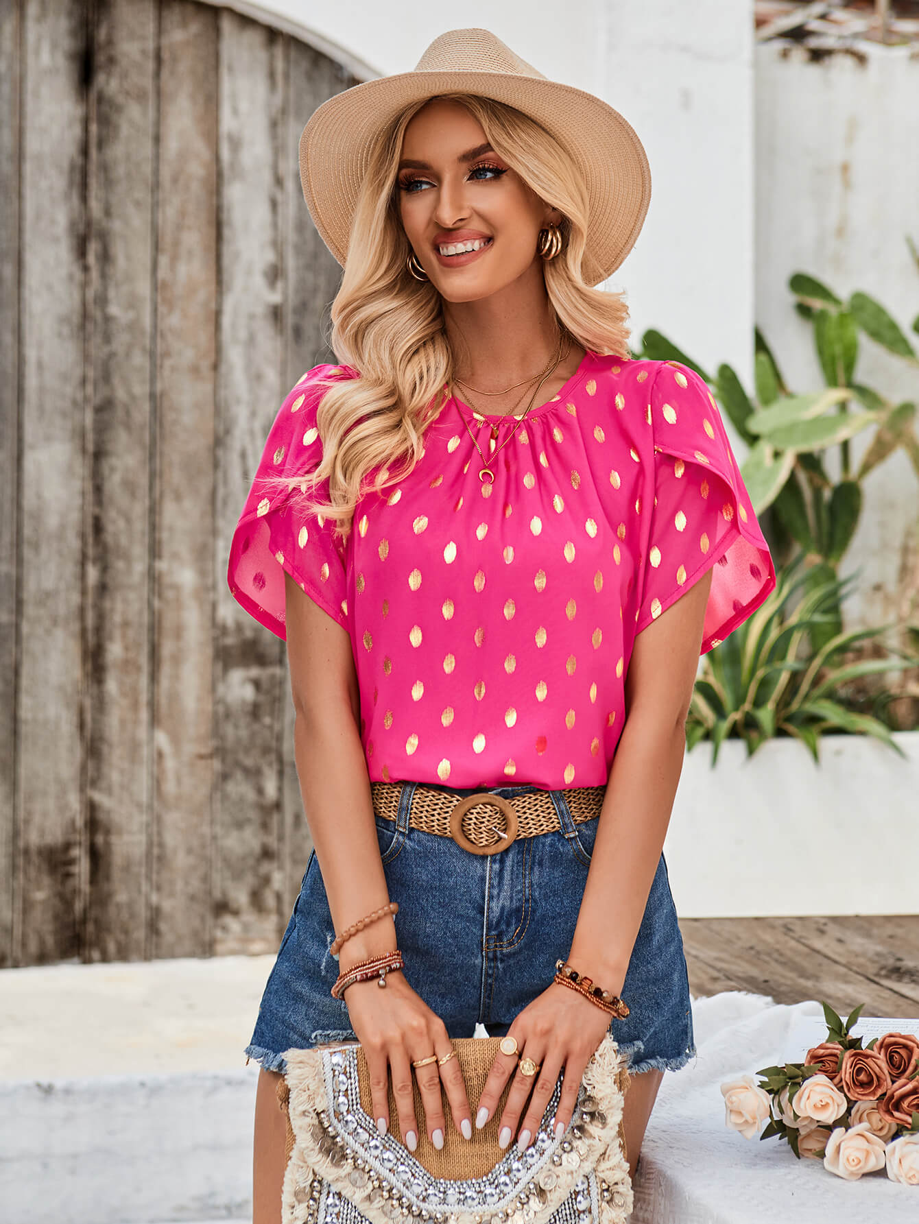 Kaylee Polka Dot Short Sleeve Top - Fuchsia - Image 3