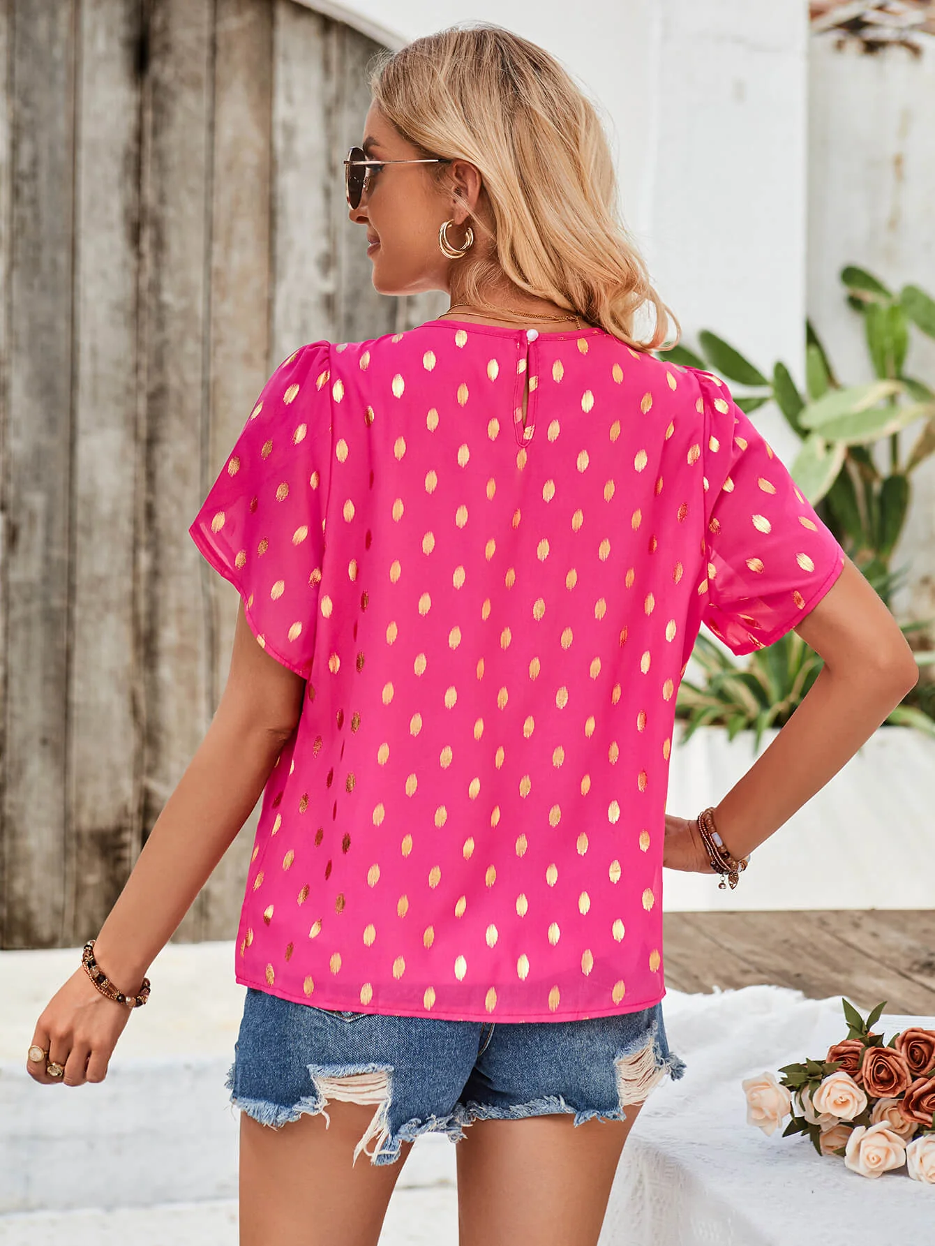Kaylee Polka Dot Short Sleeve Top - Fuchsia - Image 4