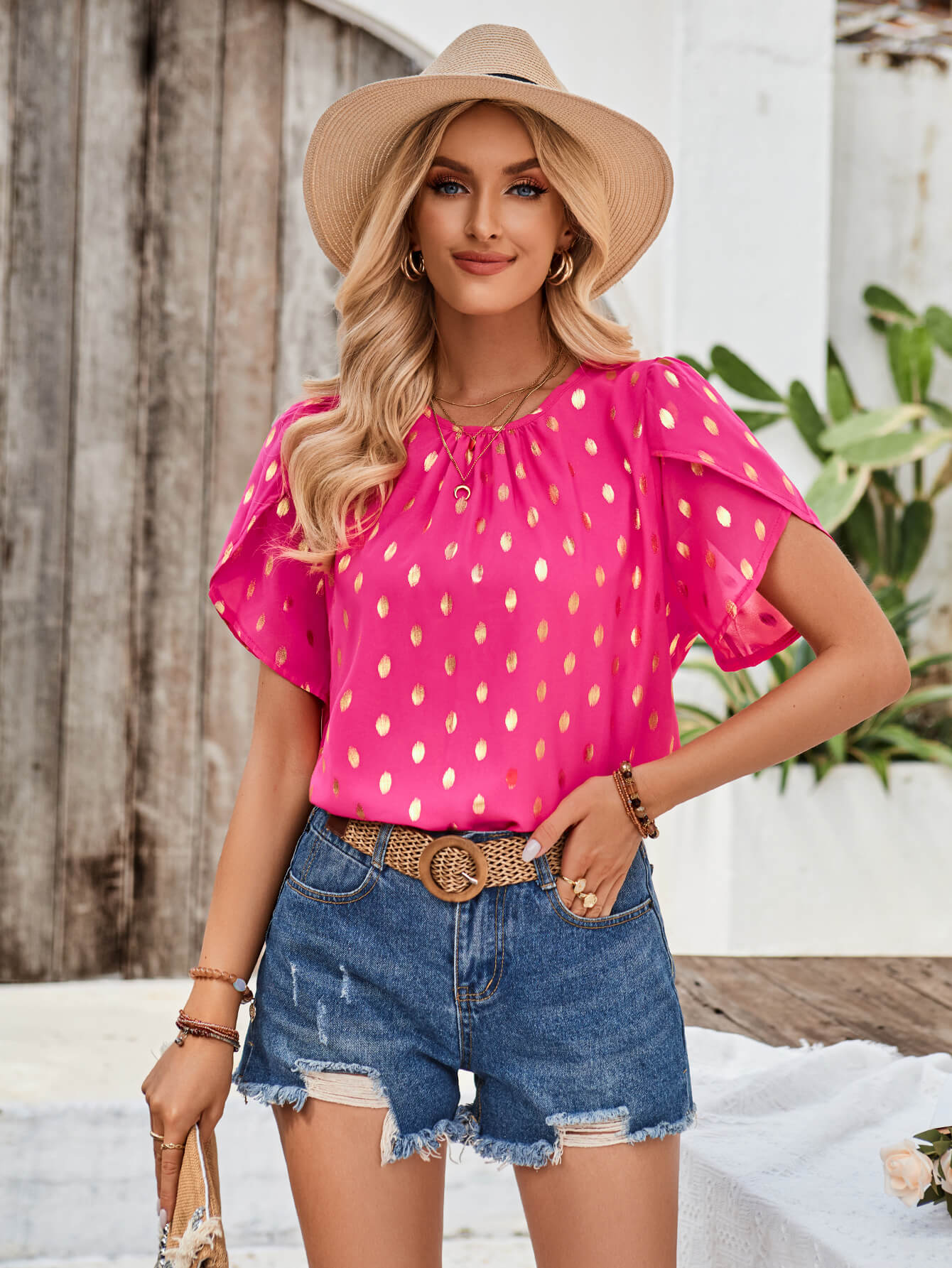Kaylee Polka Dot Short Sleeve Top - Fuchsia - Image 5