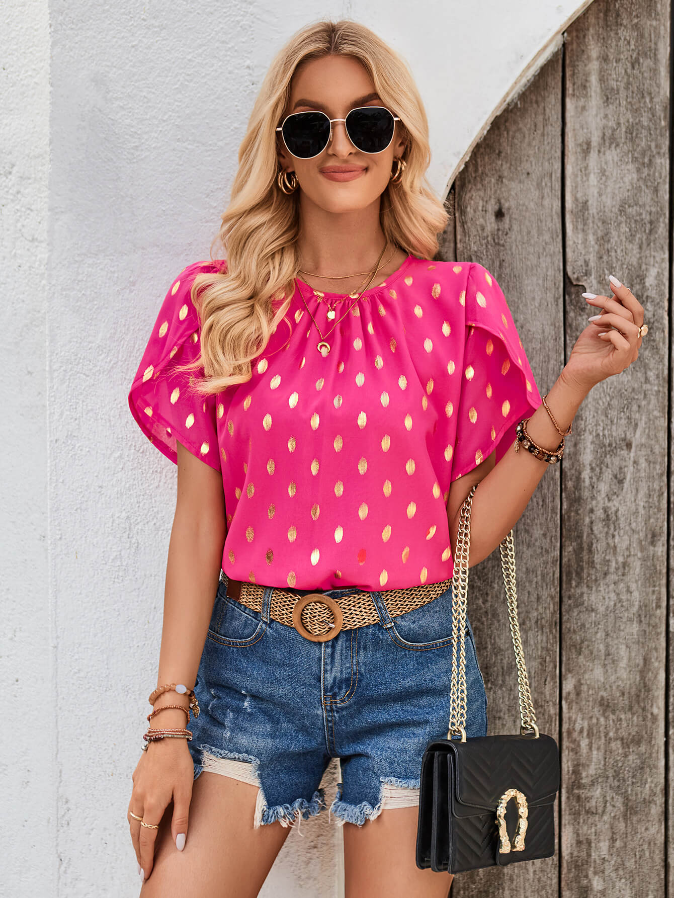 Kaylee Polka Dot Short Sleeve Top - Fuchsia - Image 6