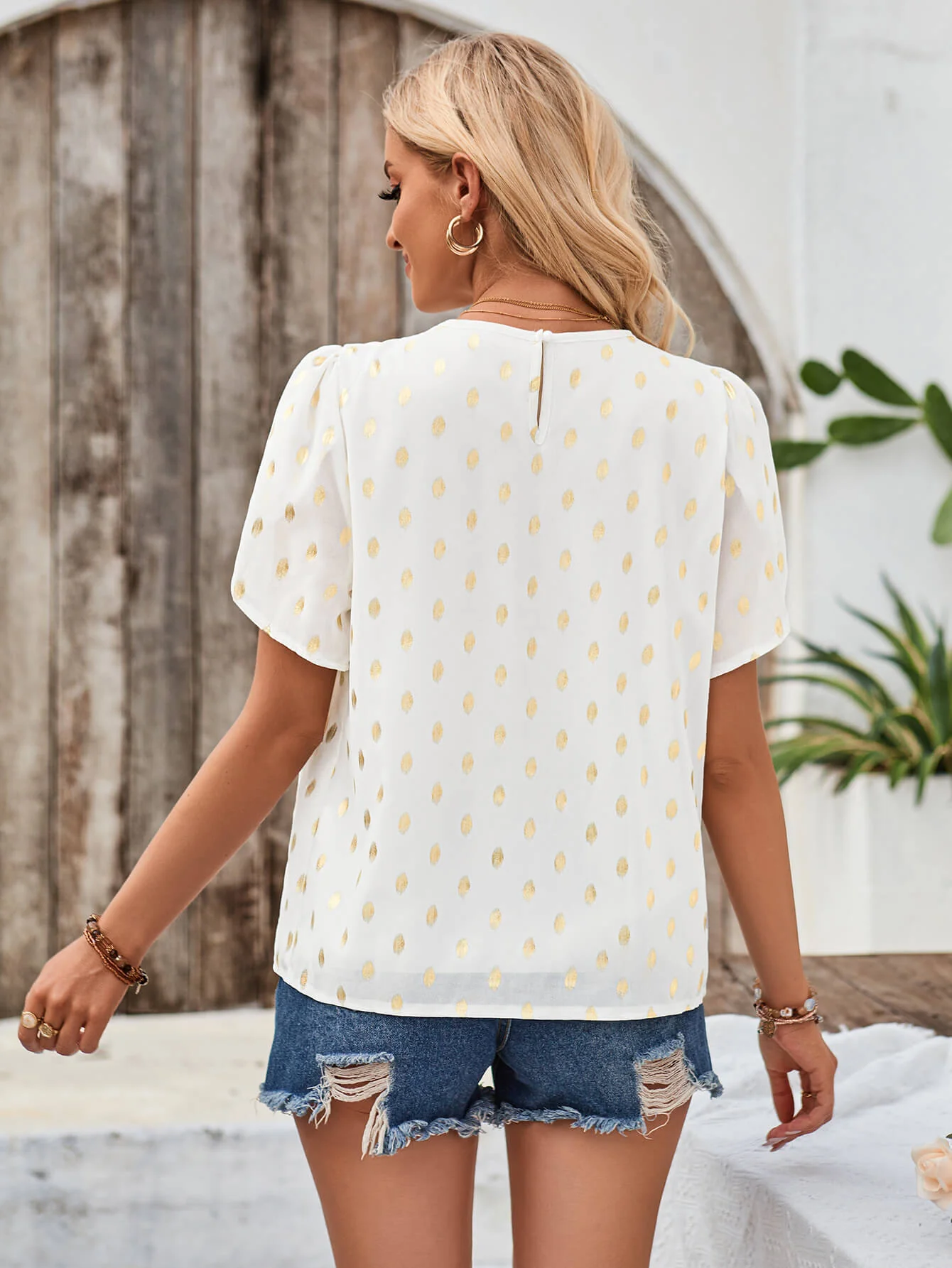 Kaylee Polka Dot Short Sleeve Top - White - Image 4