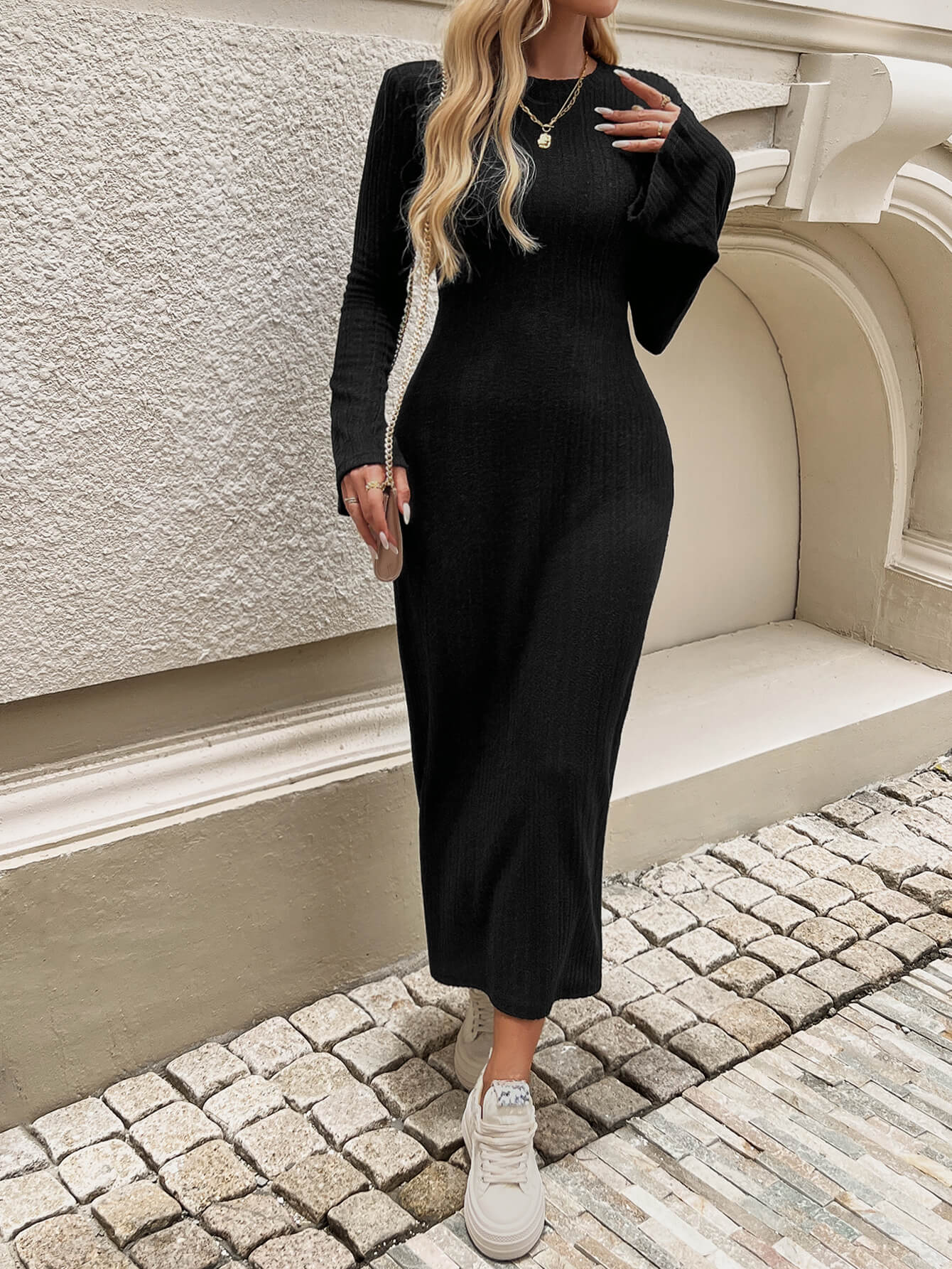 Kaylen Long Sleeve Ribbed Knit Maxi Dress - Black - Image 4