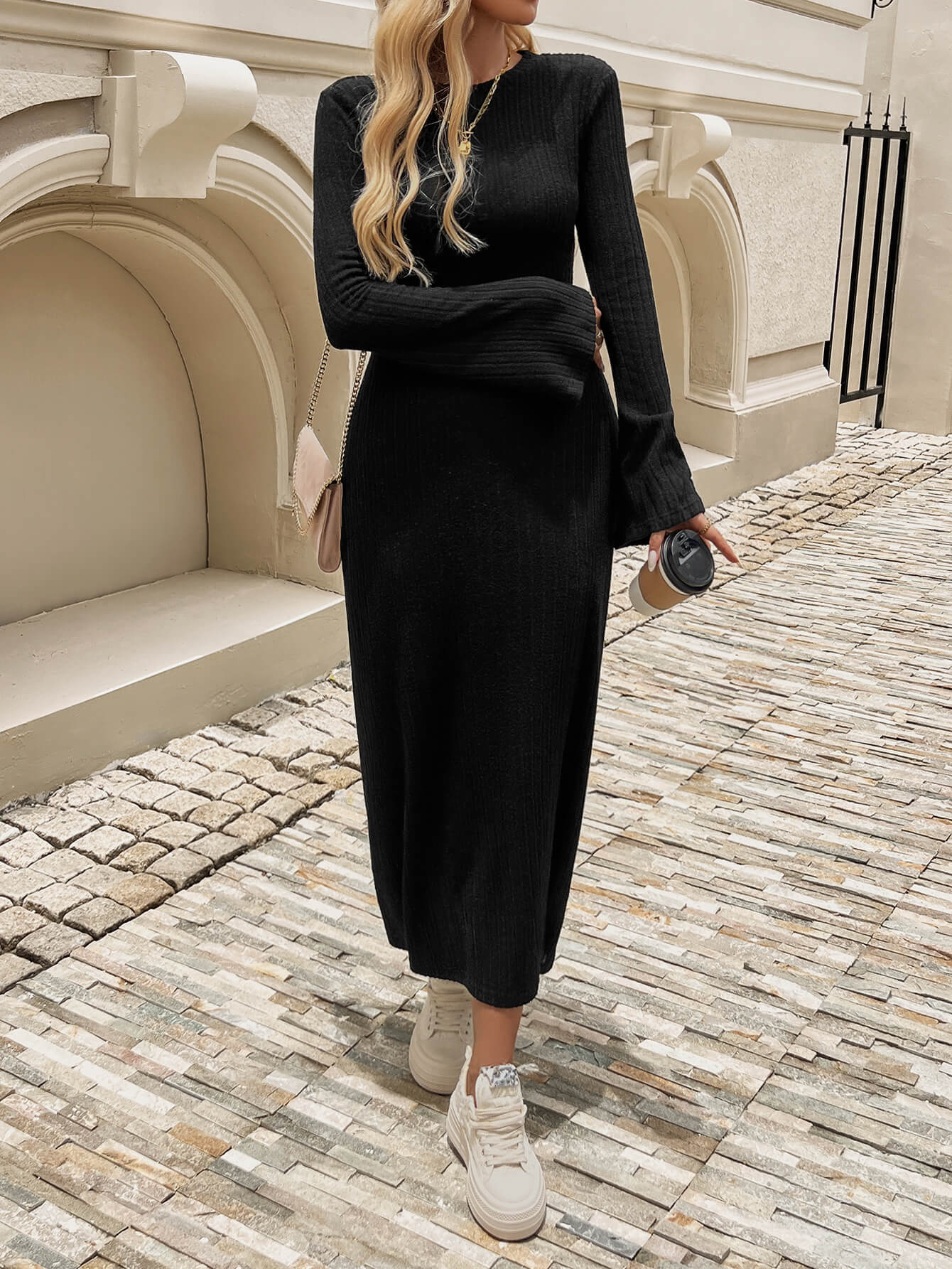 Kaylen Long Sleeve Ribbed Knit Maxi Dress - Black - Image 5