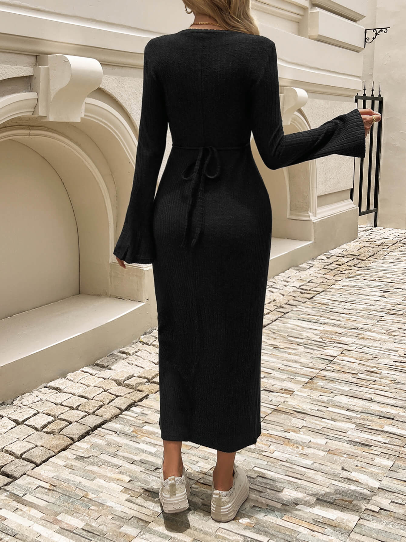 Kaylen Long Sleeve Ribbed Knit Maxi Dress - Black - Image 6