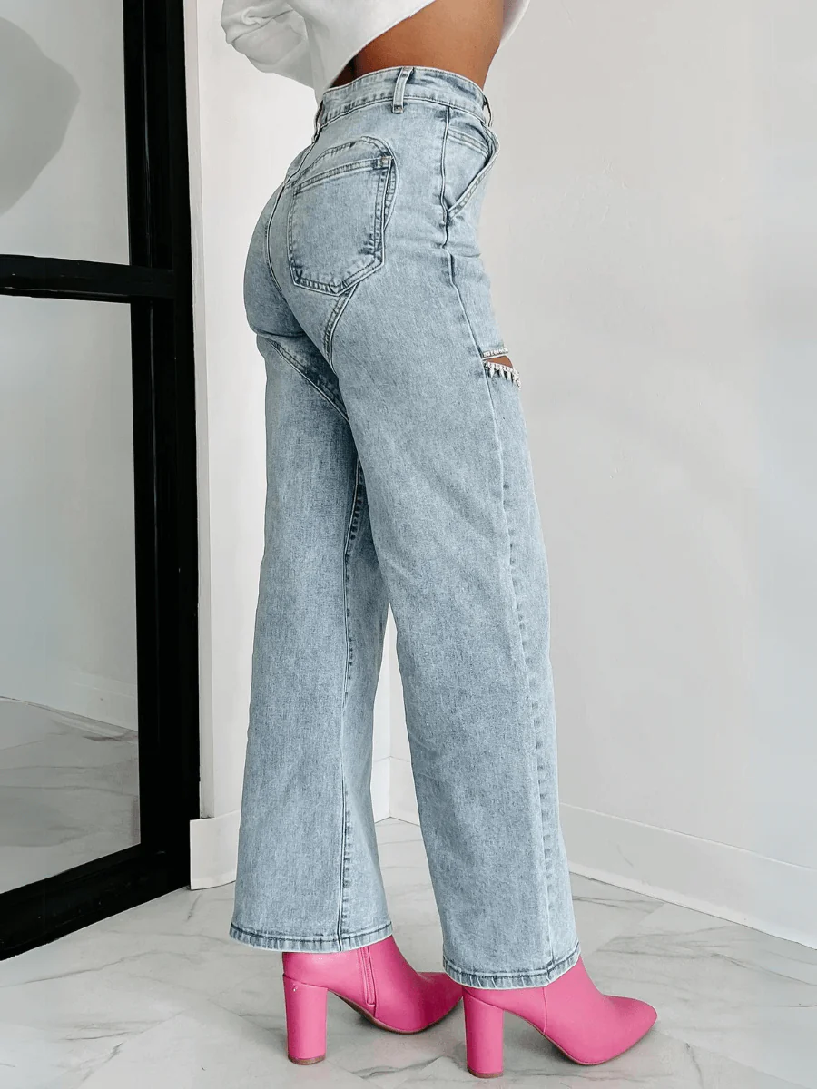 Keisha Rhinestone Cut-Out Wide Leg Jeans - Light Wash - Image 4