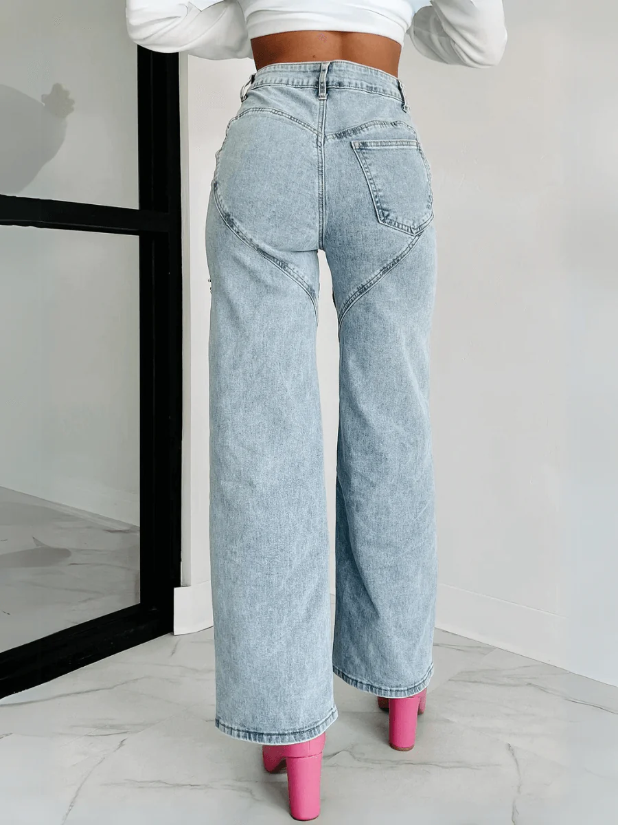 Keisha Rhinestone Cut-Out Wide Leg Jeans - Light Wash - Image 5