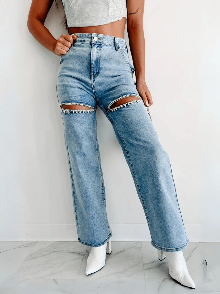 Keisha Rhinestone Cut-Out Wide Leg Jeans - Light Wash - Image 6