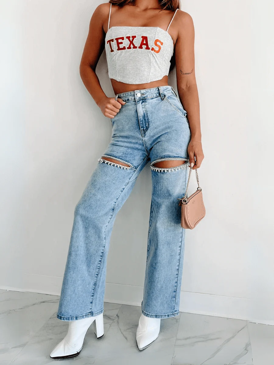 Keisha Rhinestone Cut-Out Wide Leg Jeans - Light Wash - Image 7