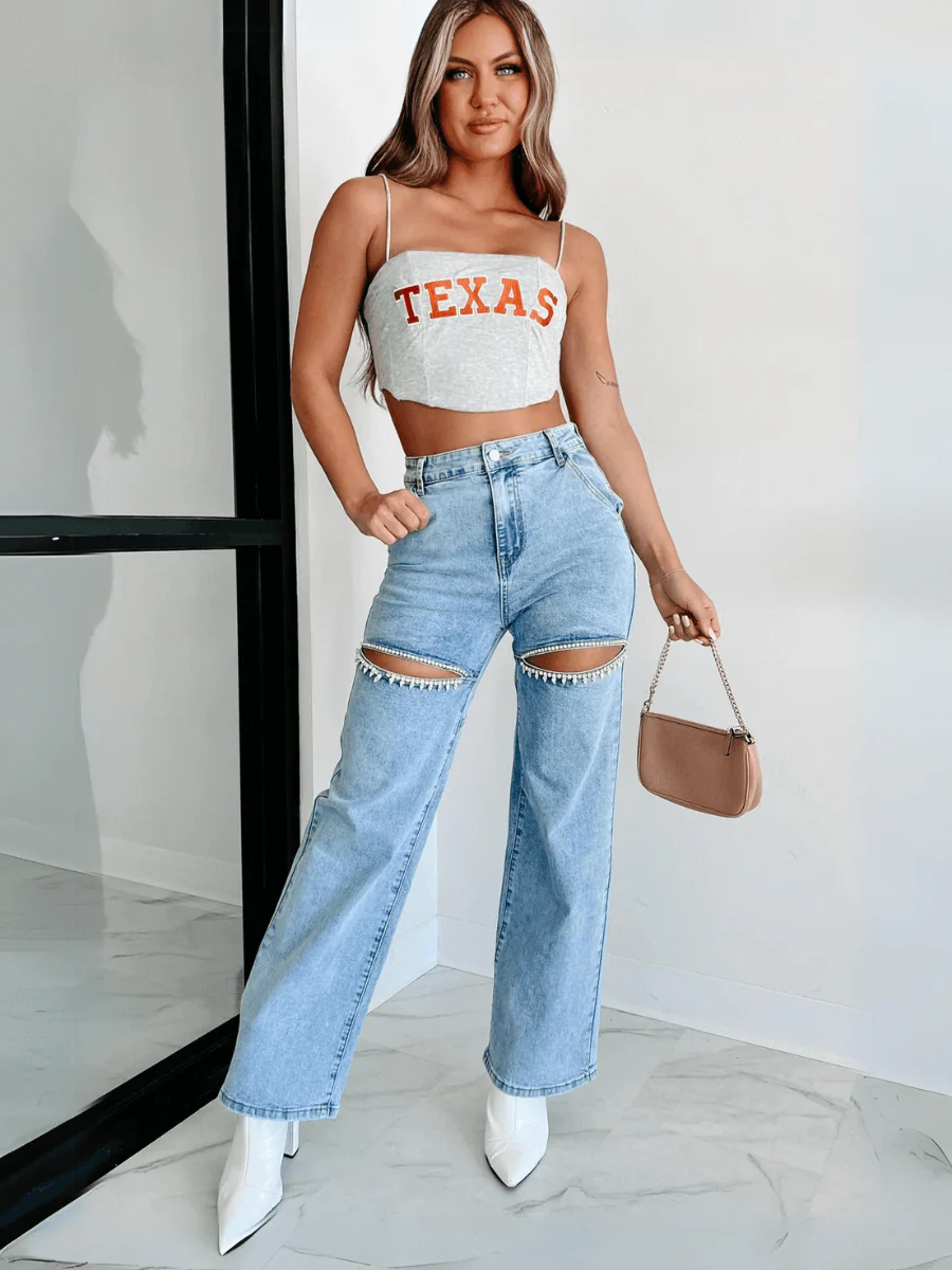 Keisha Rhinestone Cut-Out Wide Leg Jeans - Light Wash - Image 8