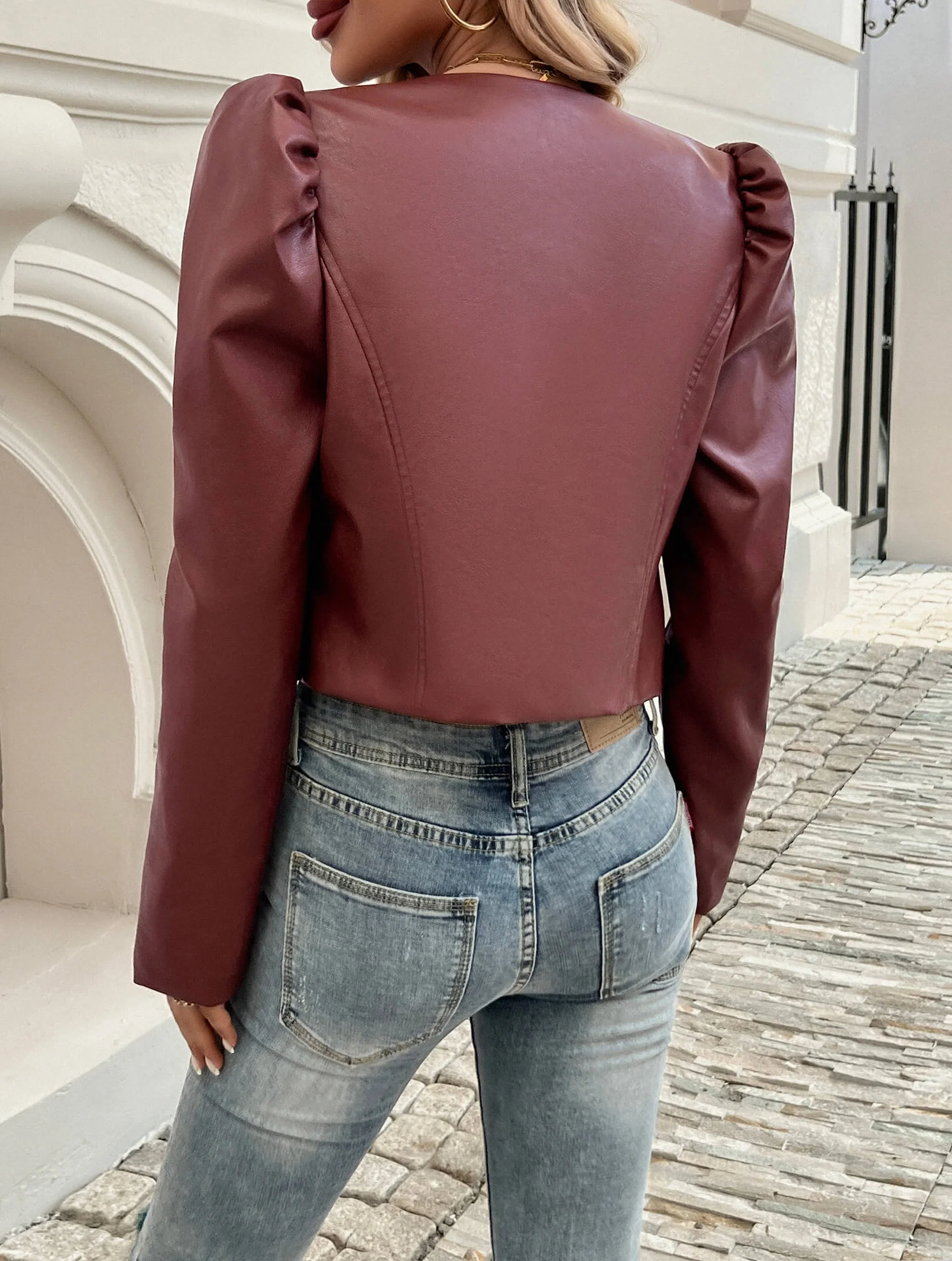 Kelsea Cropped Faux Leather Shacket - Claret - Image 5