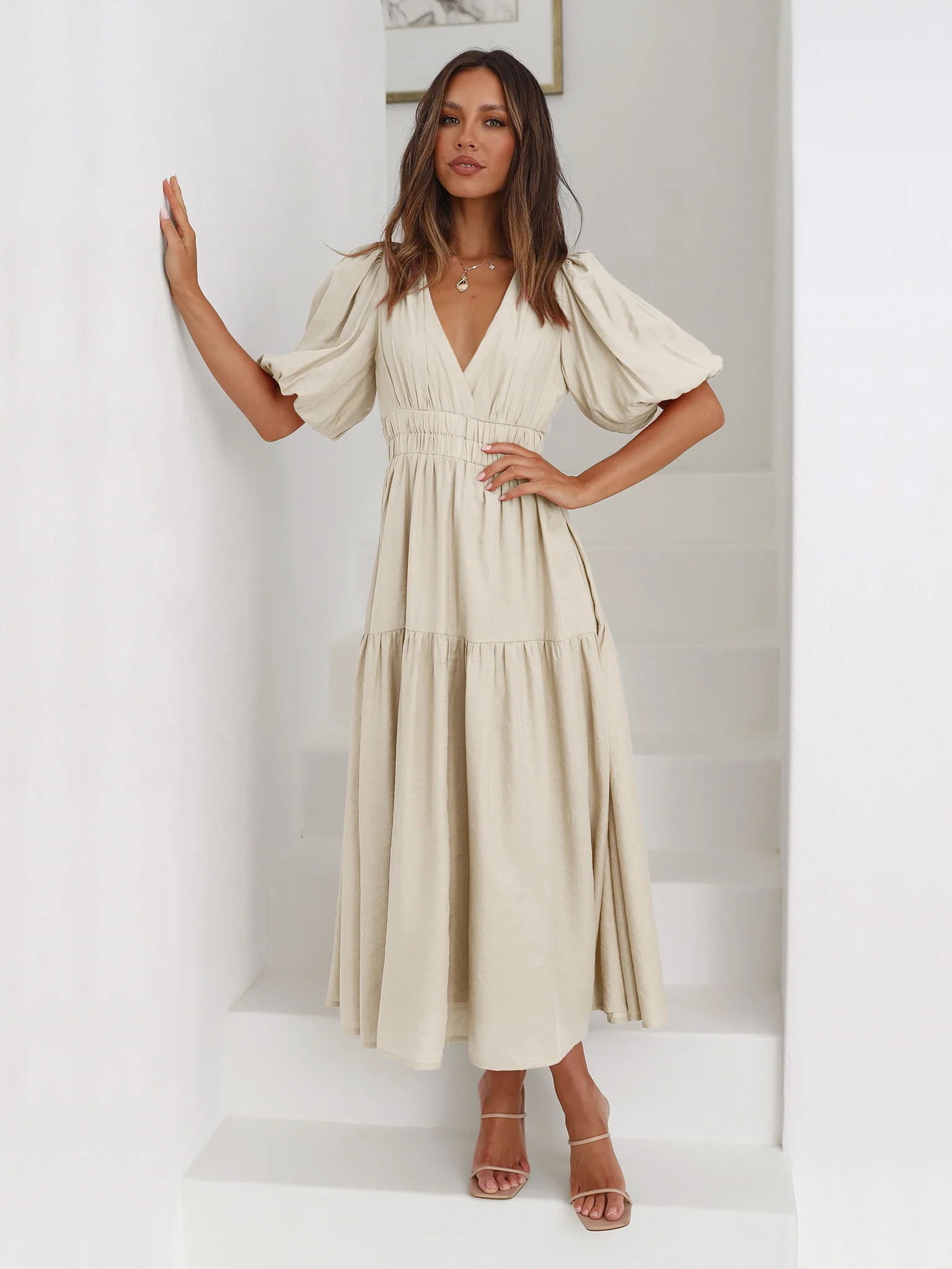 KIMONA SMOCKED SHORT SLEEVE MAXI DRESS - BEIGE