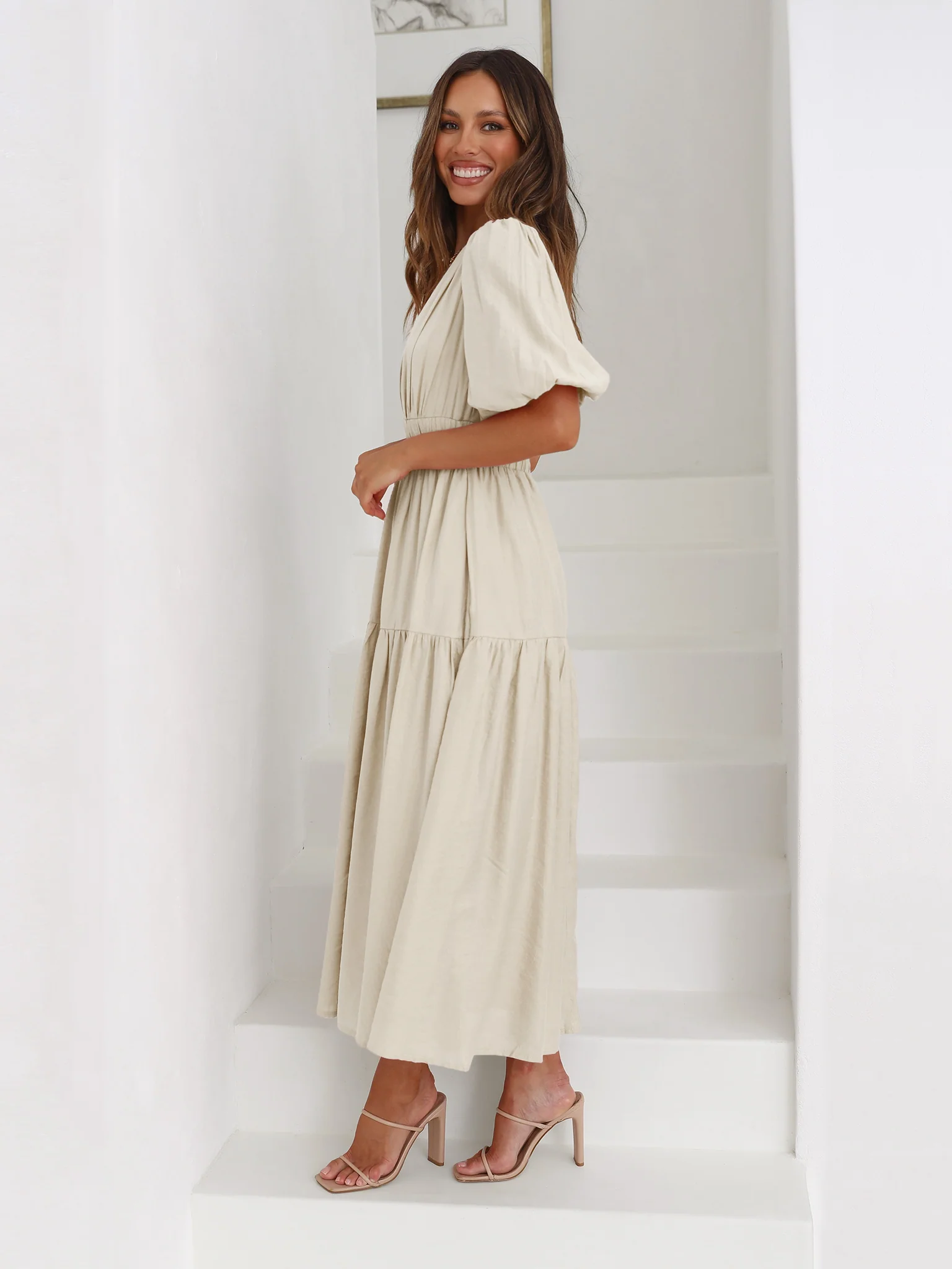 KIMONA SMOCKED SHORT SLEEVE MAXI DRESS - BEIGE - Image 2