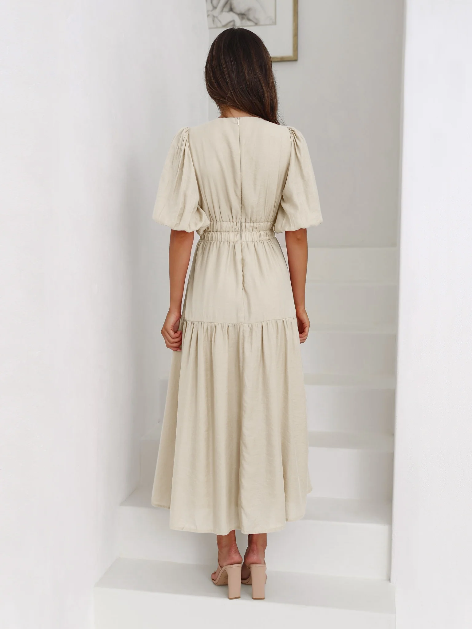 KIMONA SMOCKED SHORT SLEEVE MAXI DRESS - BEIGE - Image 3