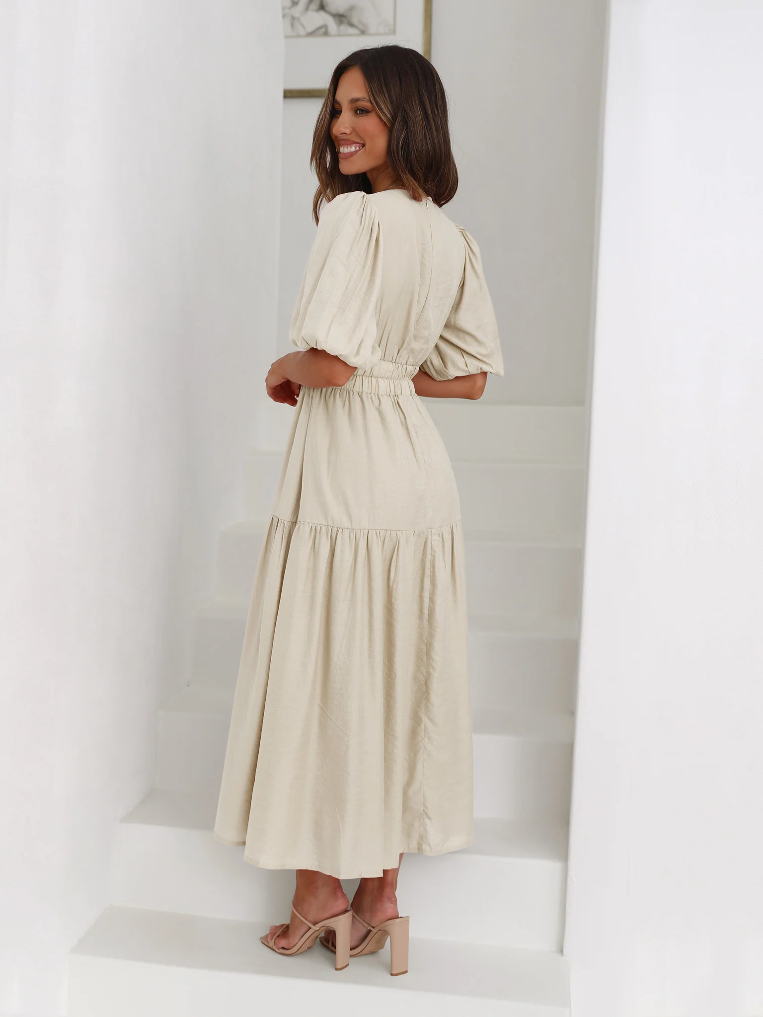 KIMONA SMOCKED SHORT SLEEVE MAXI DRESS - BEIGE - Image 4
